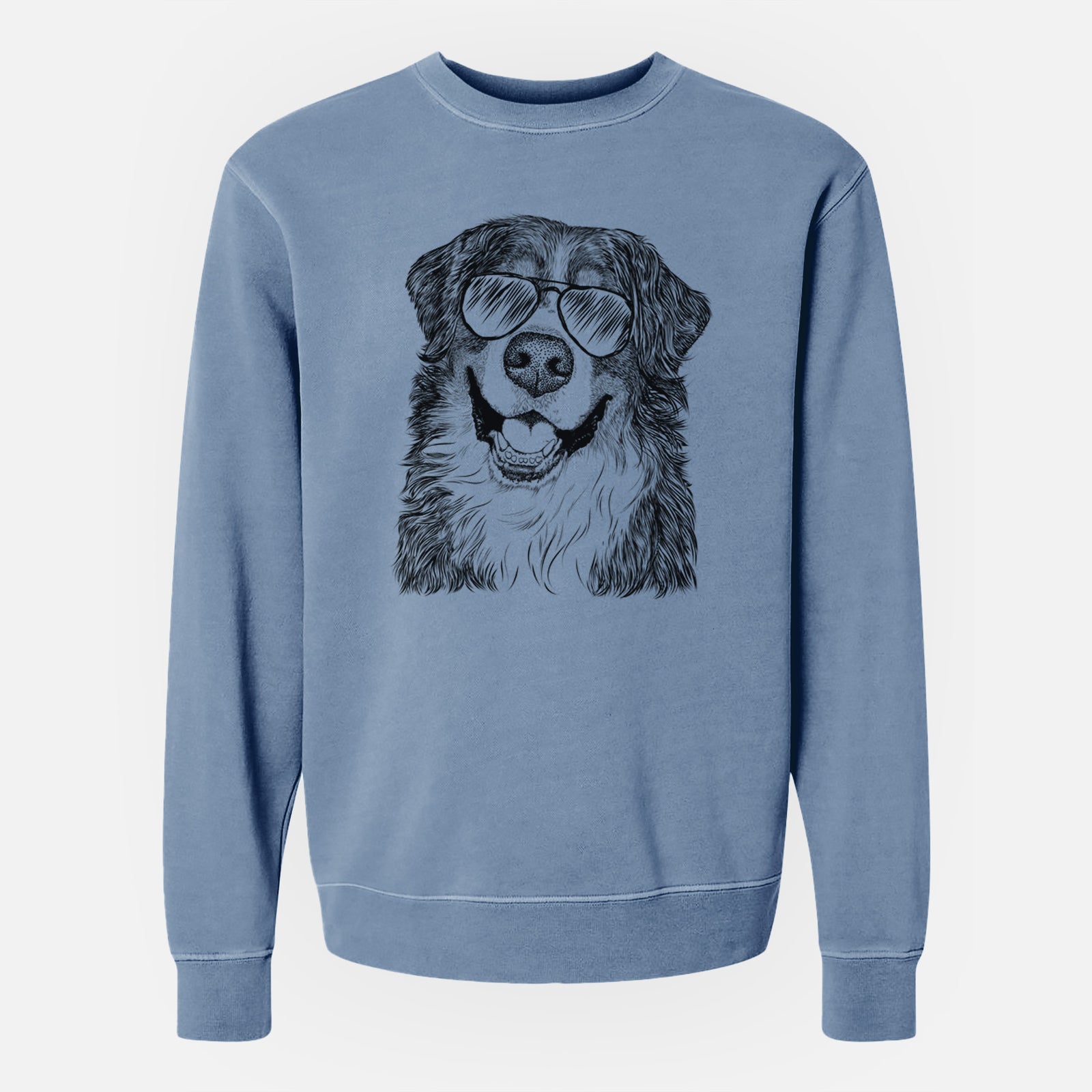Hand-drawn sketch of Eiger the Bernese Mountain Dog wearing aviator sunglasses on a Slate Blue Unisex pigment dyed crew sweatshirt