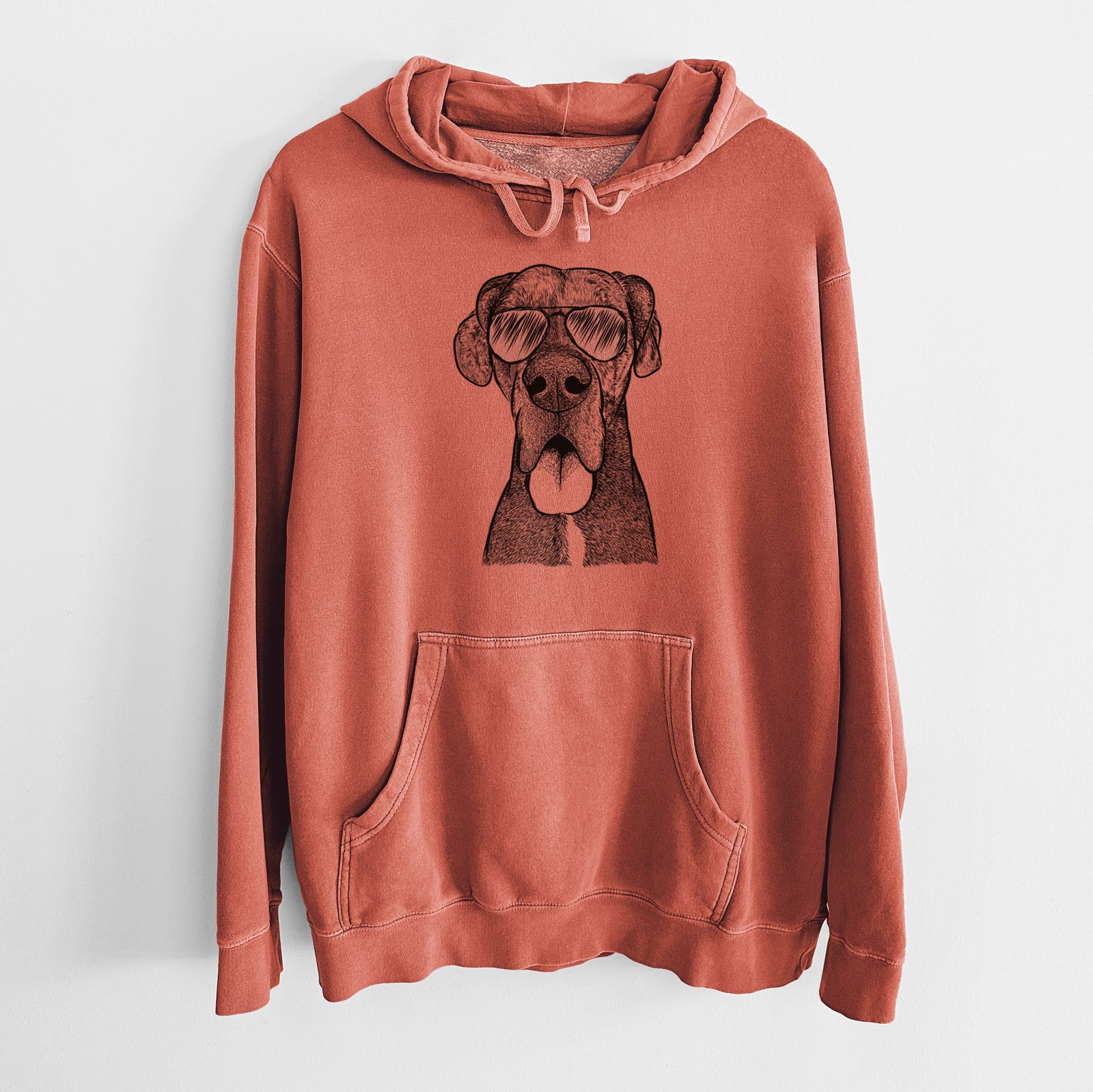 Hand-drawn sketch of Eli the Great Dane wearing aviator sunglasses on an Amber Unisex pigment dyed hoodie
