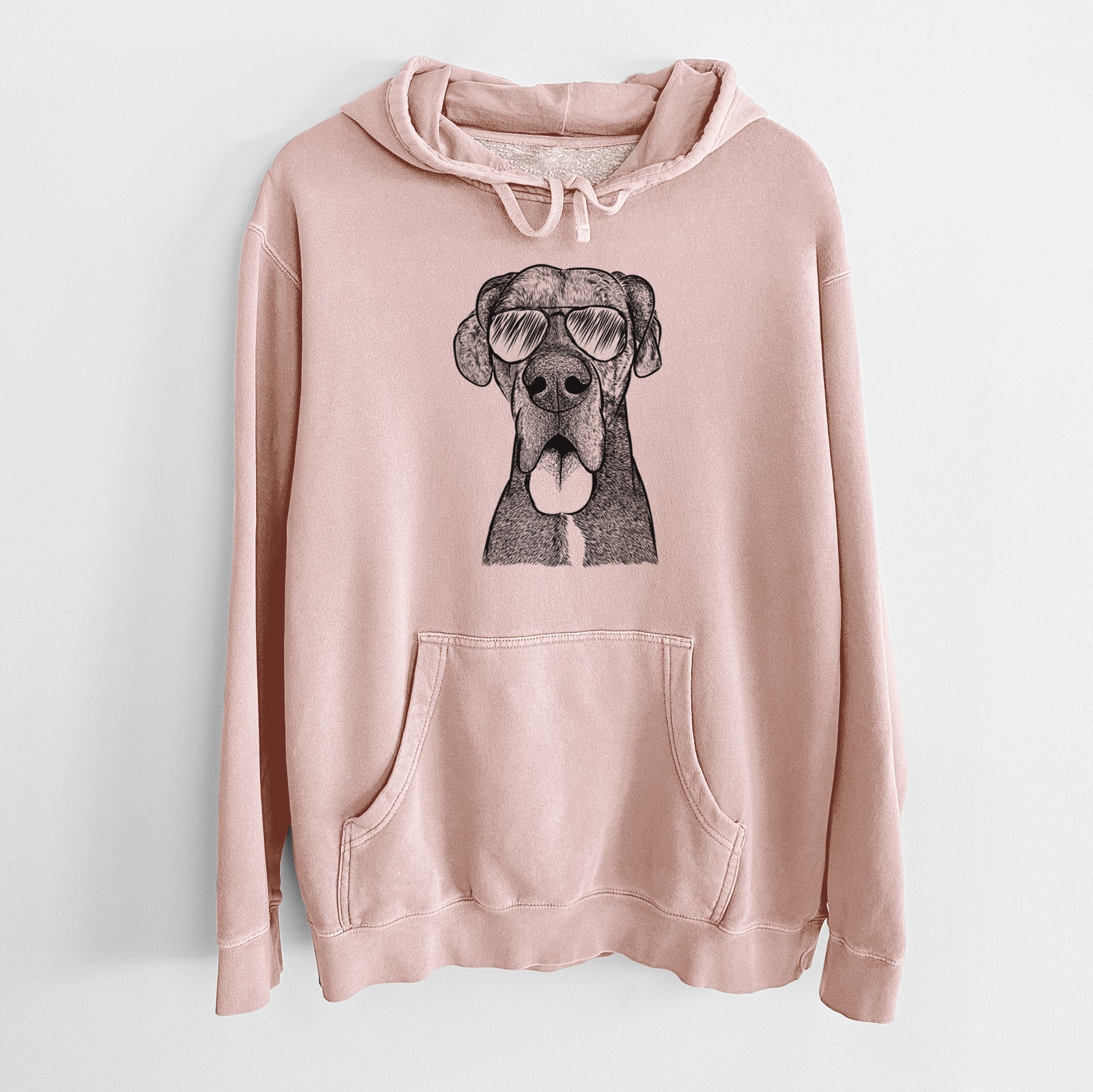 Hand-drawn sketch of Eli the Great Dane wearing aviator sunglasses on a Dusty Pink Unisex pigment dyed hoodie