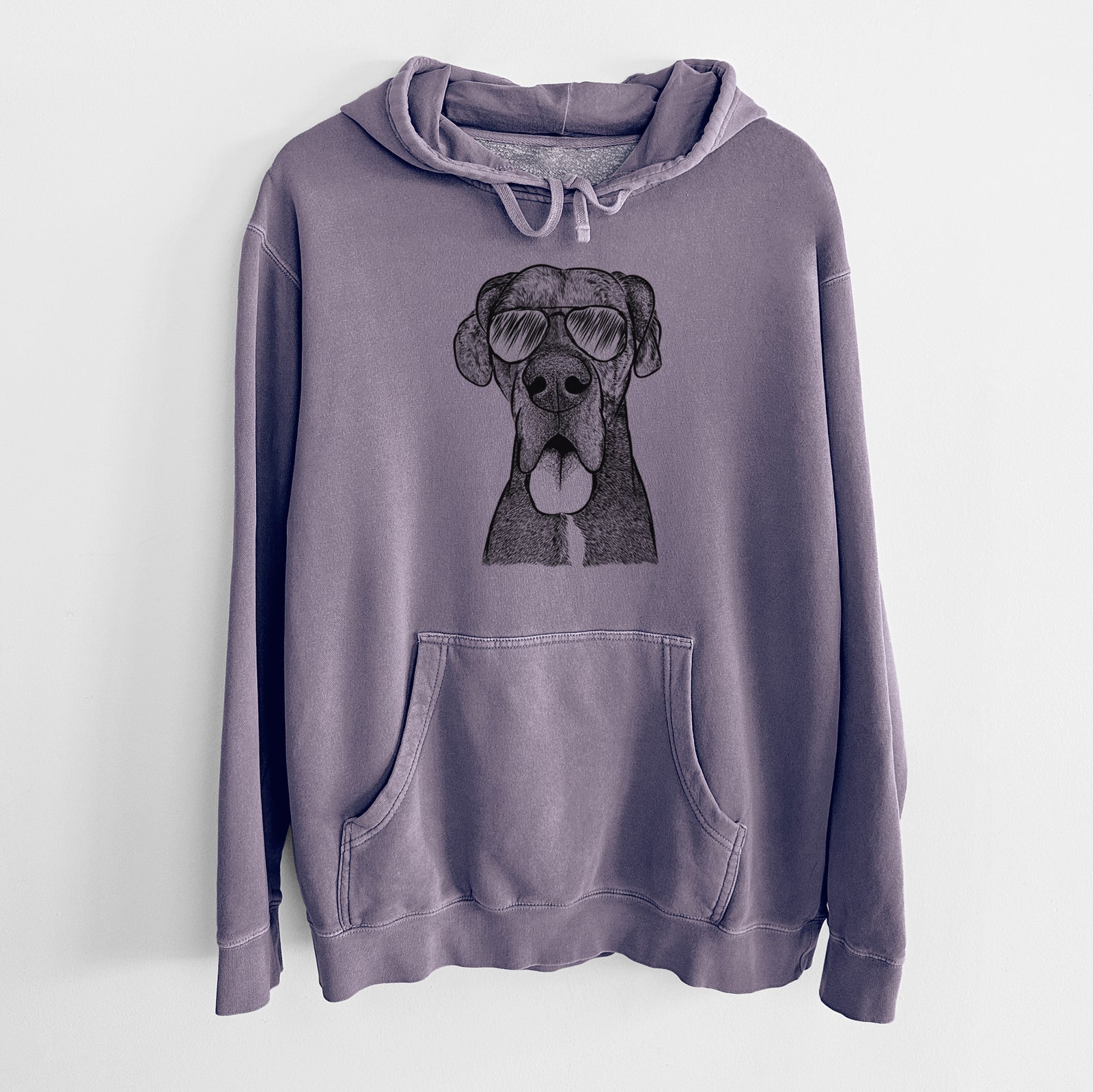 Hand-drawn sketch of Eli the Great Dane wearing aviator sunglasses on a Plum Unisex pigment dyed hoodie