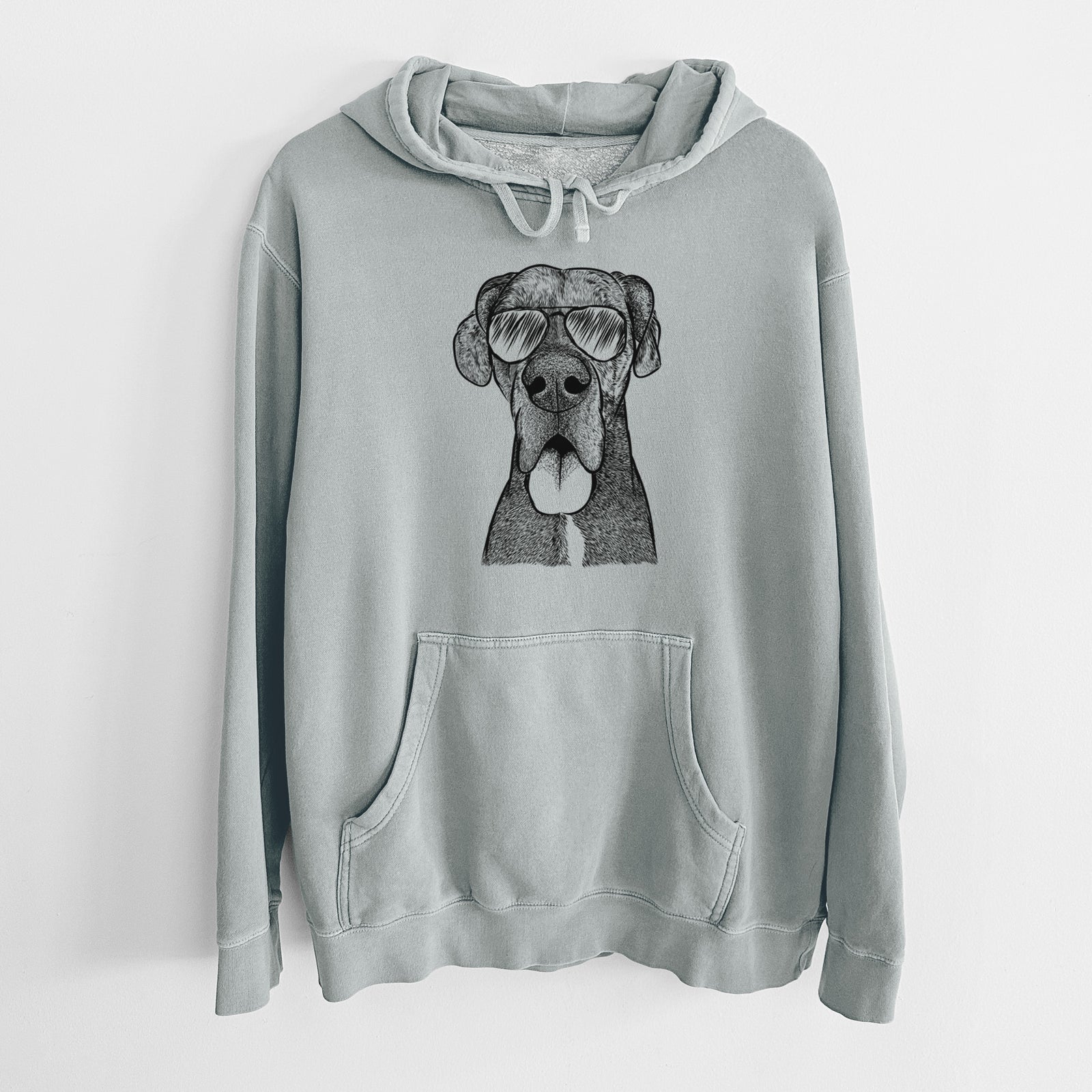 Hand-drawn sketch of Eli the Great Dane wearing aviator sunglasses on a Sage Unisex pigment dyed hoodie