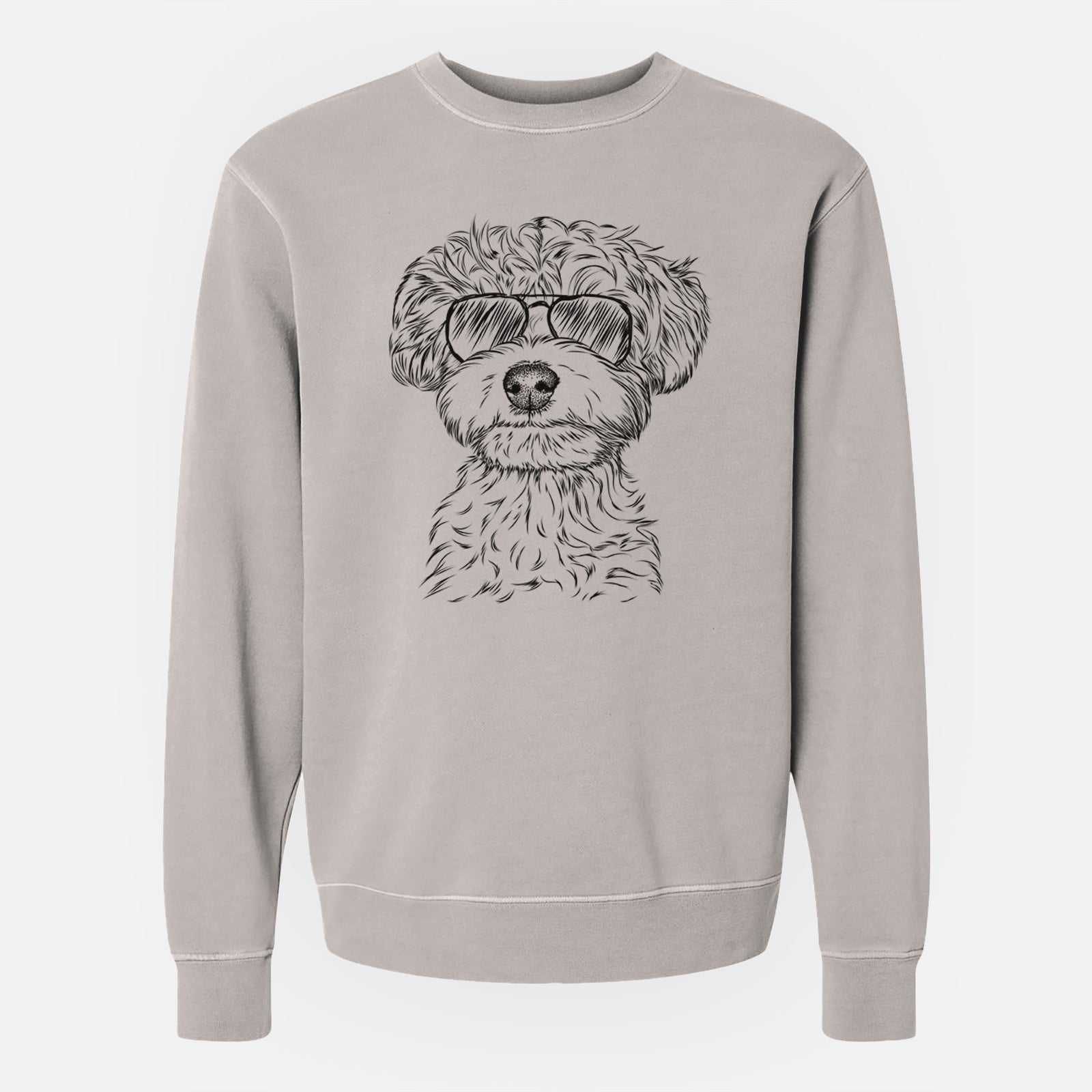 Hand-drawn sketch of Elliott the Yorkiepoo wearing aviator sunglasses on a Cement Unisex pigment dyed crew sweatshirt