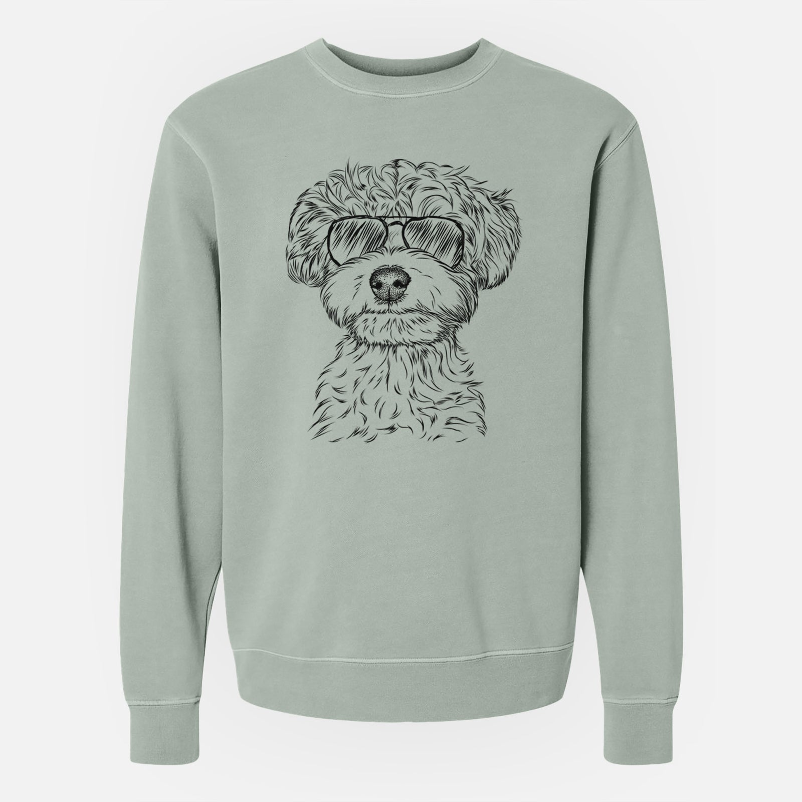 Hand-drawn sketch of Elliott the Yorkiepoo wearing aviator sunglasses on a Sage Unisex pigment dyed crew sweatshirt