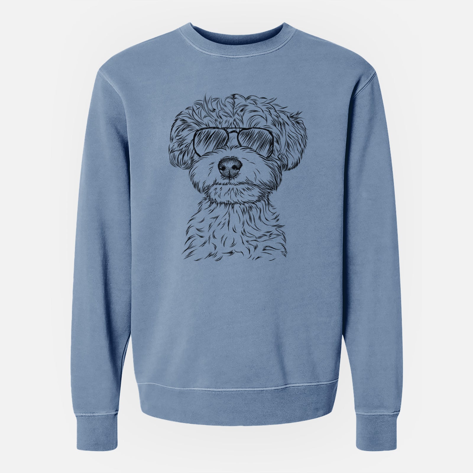 Hand-drawn sketch of Elliott the Yorkiepoo wearing aviator sunglasses on a Slate Blue Unisex pigment dyed crew sweatshirt