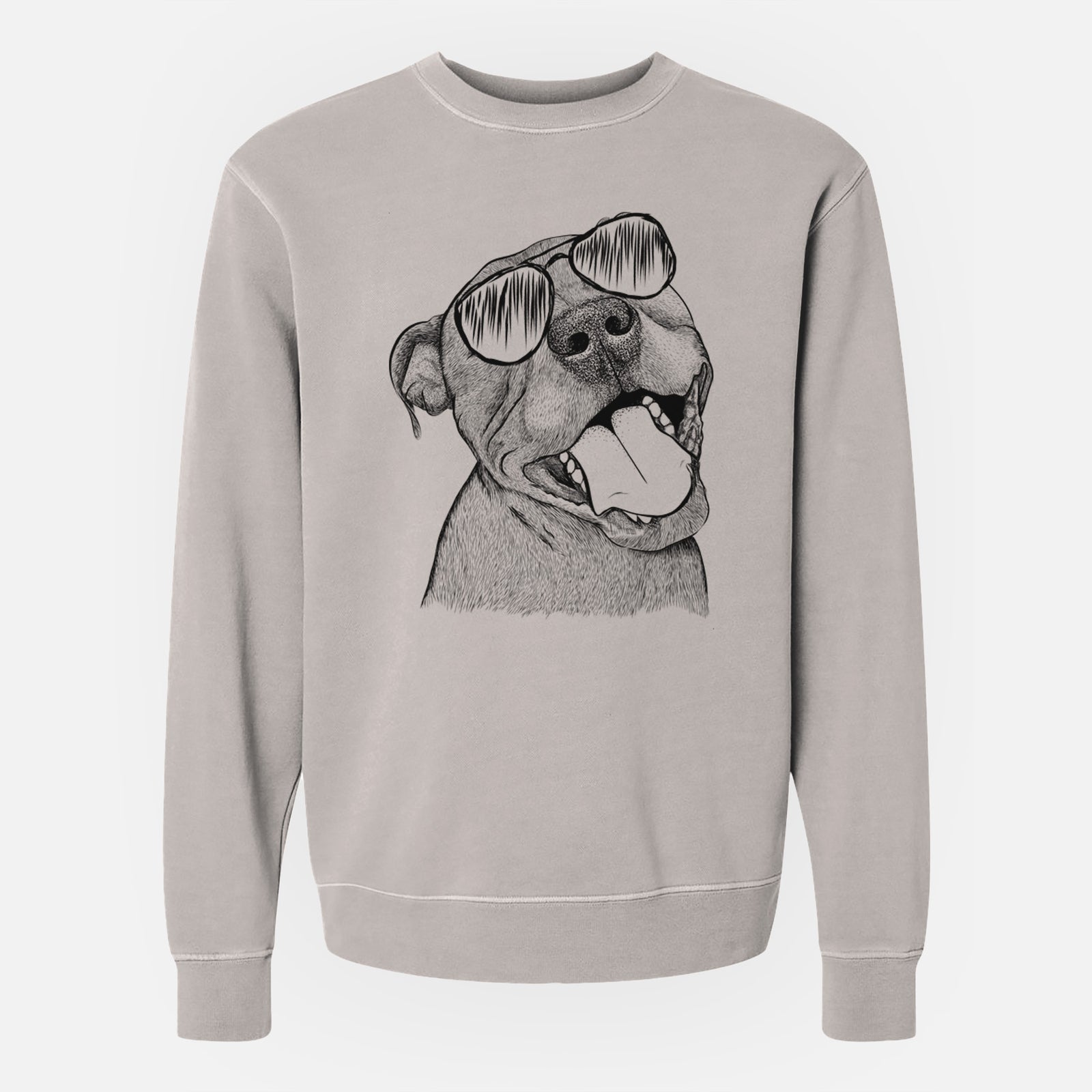 Hand-drawn sketch of Eloise the Pitbull Mix wearing aviator sunglasses on a Cement Unisex pigment dyed crew sweatshirt