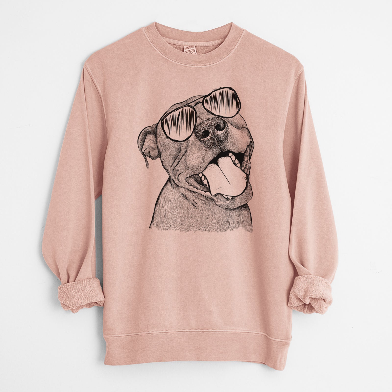 Hand-drawn sketch of Eloise the Pitbull Mix wearing aviator sunglasses on a Dusty Pink Unisex pigment dyed crew sweatshirt