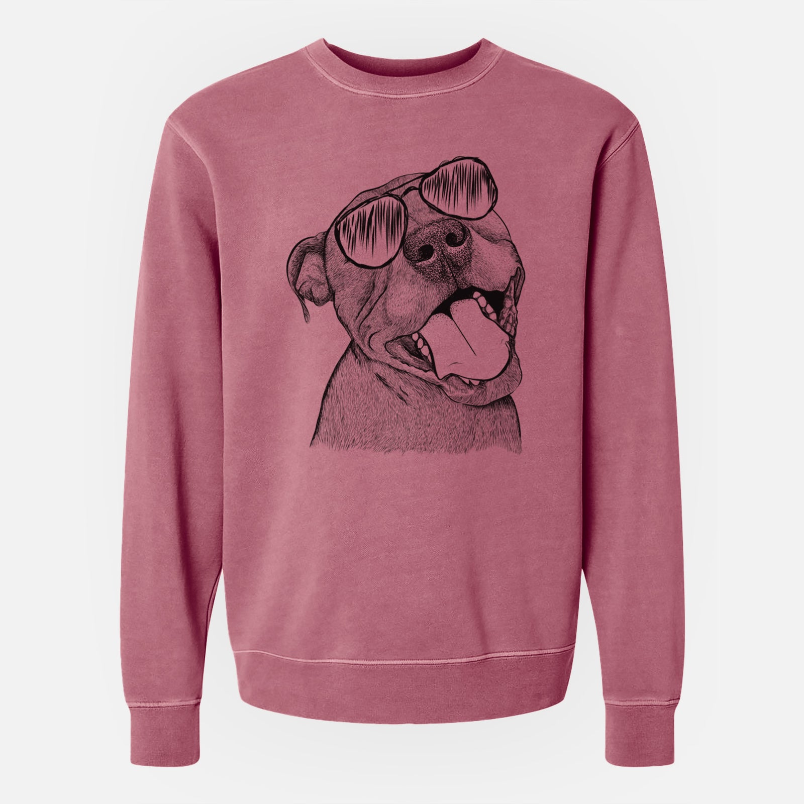 Hand-drawn sketch of Eloise the Pitbull Mix wearing aviator sunglasses on a Maroon Unisex pigment dyed crew sweatshirt