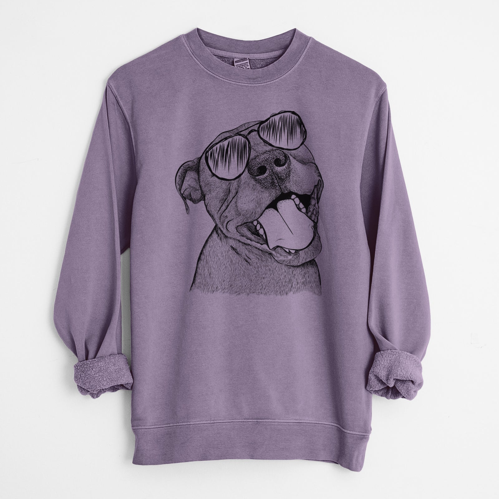 Hand-drawn sketch of Eloise the Pitbull Mix wearing aviator sunglasses on a Plum Unisex pigment dyed crew sweatshirt