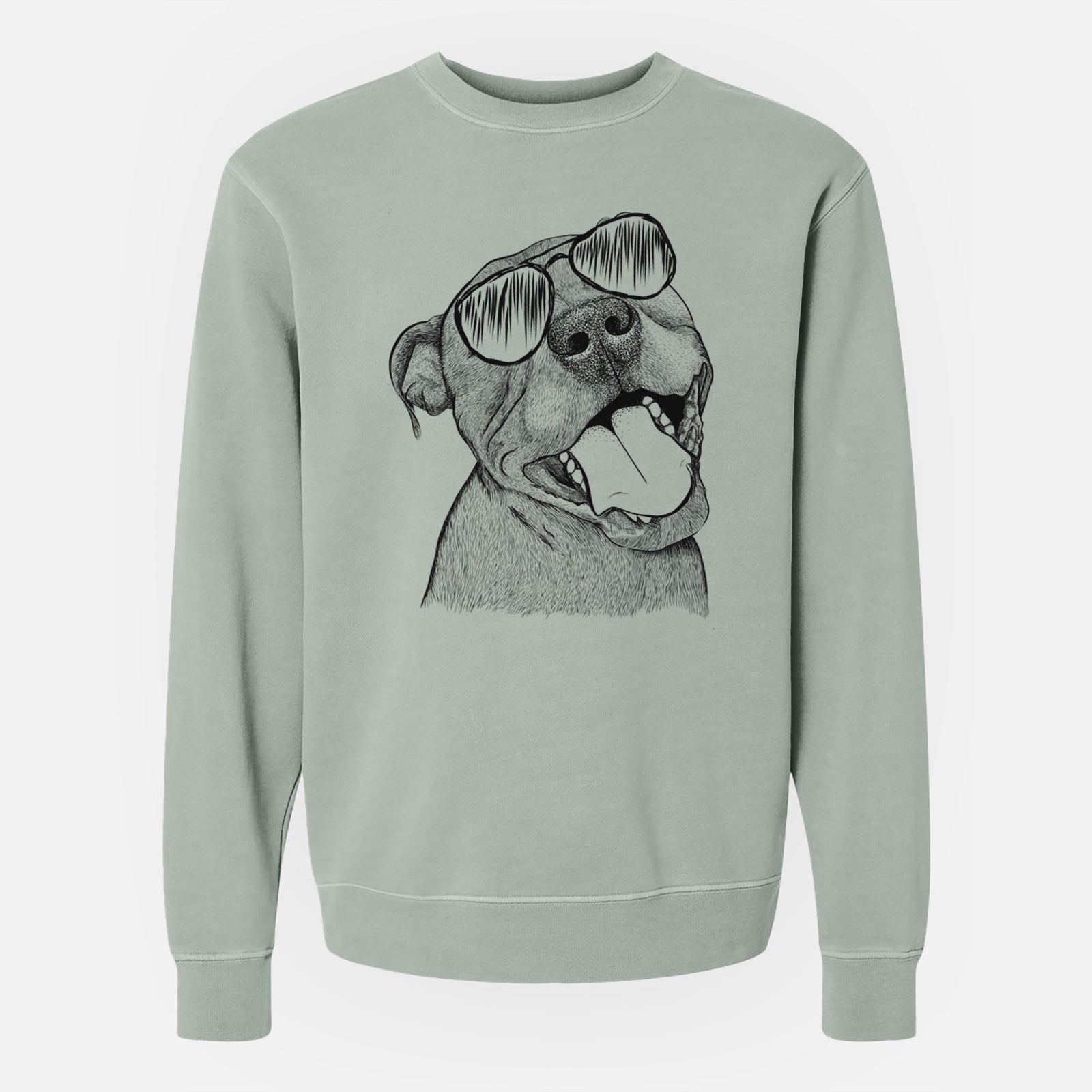 Hand-drawn sketch of Eloise the Pitbull Mix wearing aviator sunglasses on a Sage Unisex pigment dyed crew sweatshirt
