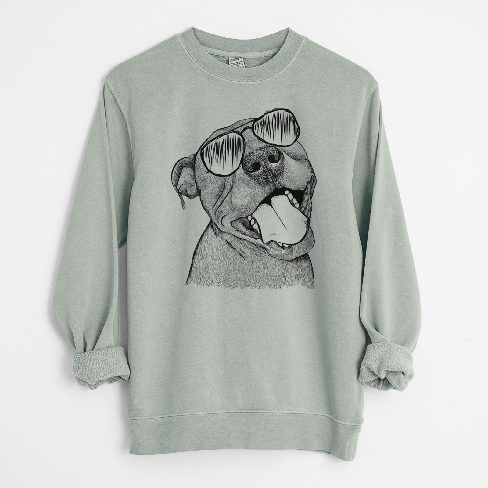 Hand-drawn sketch of Eloise the Pitbull Mix wearing aviator sunglasses on a Sage Unisex pigment dyed crew sweatshirt