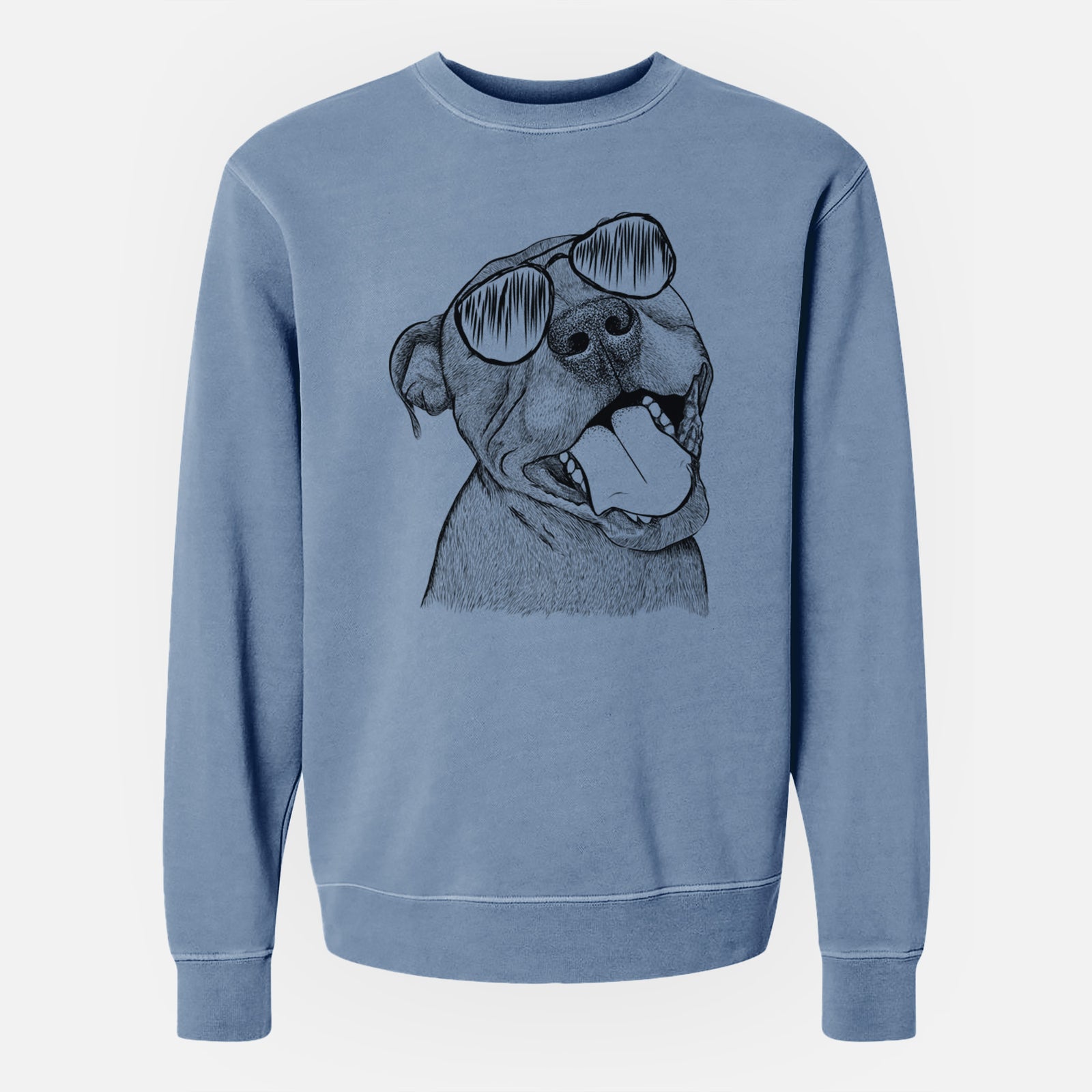 Hand-drawn sketch of Eloise the Pitbull Mix wearing aviator sunglasses on a Slate Blue Unisex pigment dyed crew sweatshirt