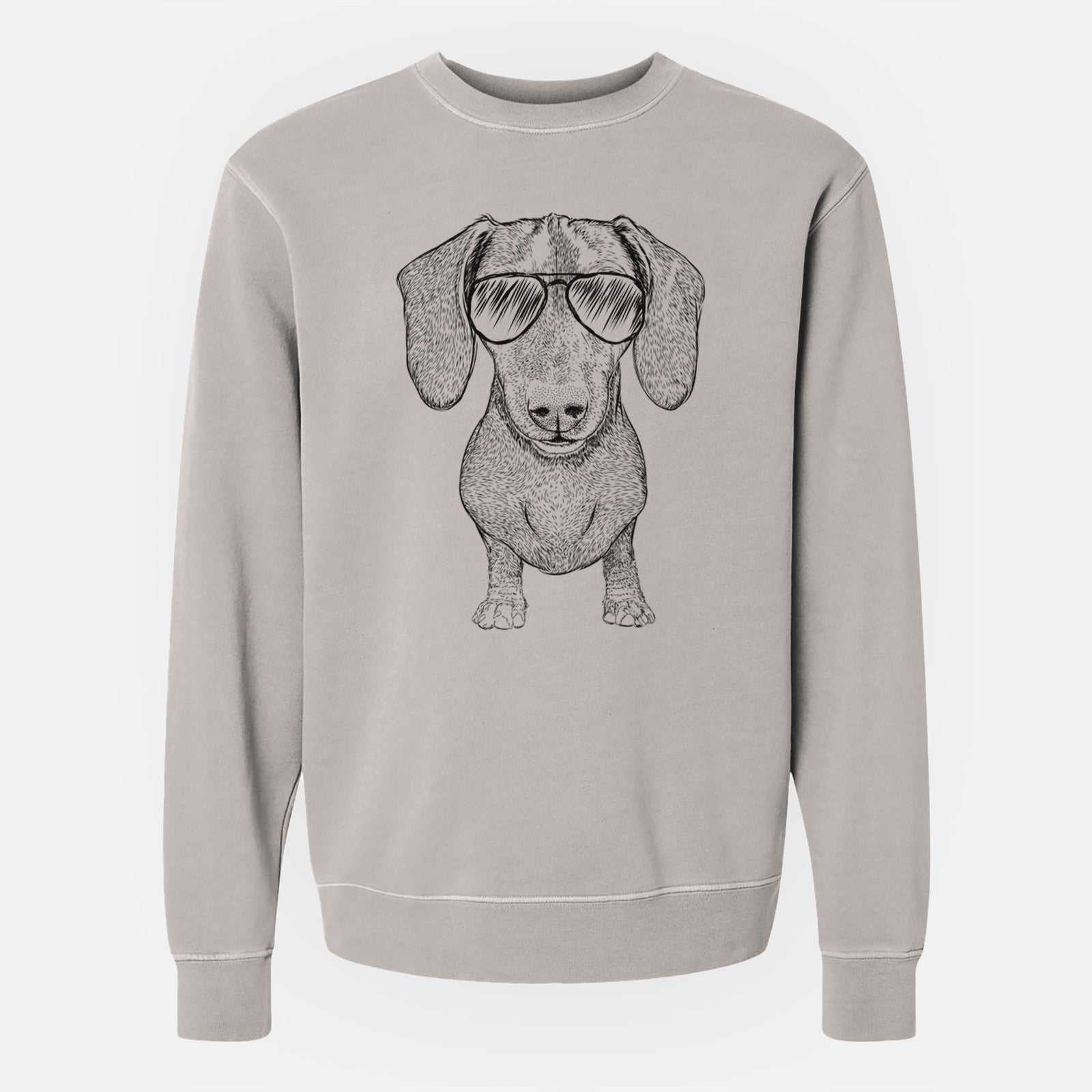 Hand-drawn sketch of Ernie the Mini Dachshund wearing aviator sunglasses on a Cement Unisex pigment dyed crew sweatshirt