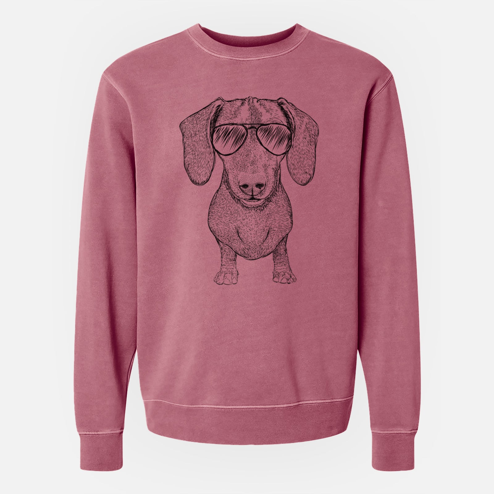 Hand-drawn sketch of Ernie the Mini Dachshund wearing aviator sunglasses on a Maroon Unisex pigment dyed crew sweatshirt