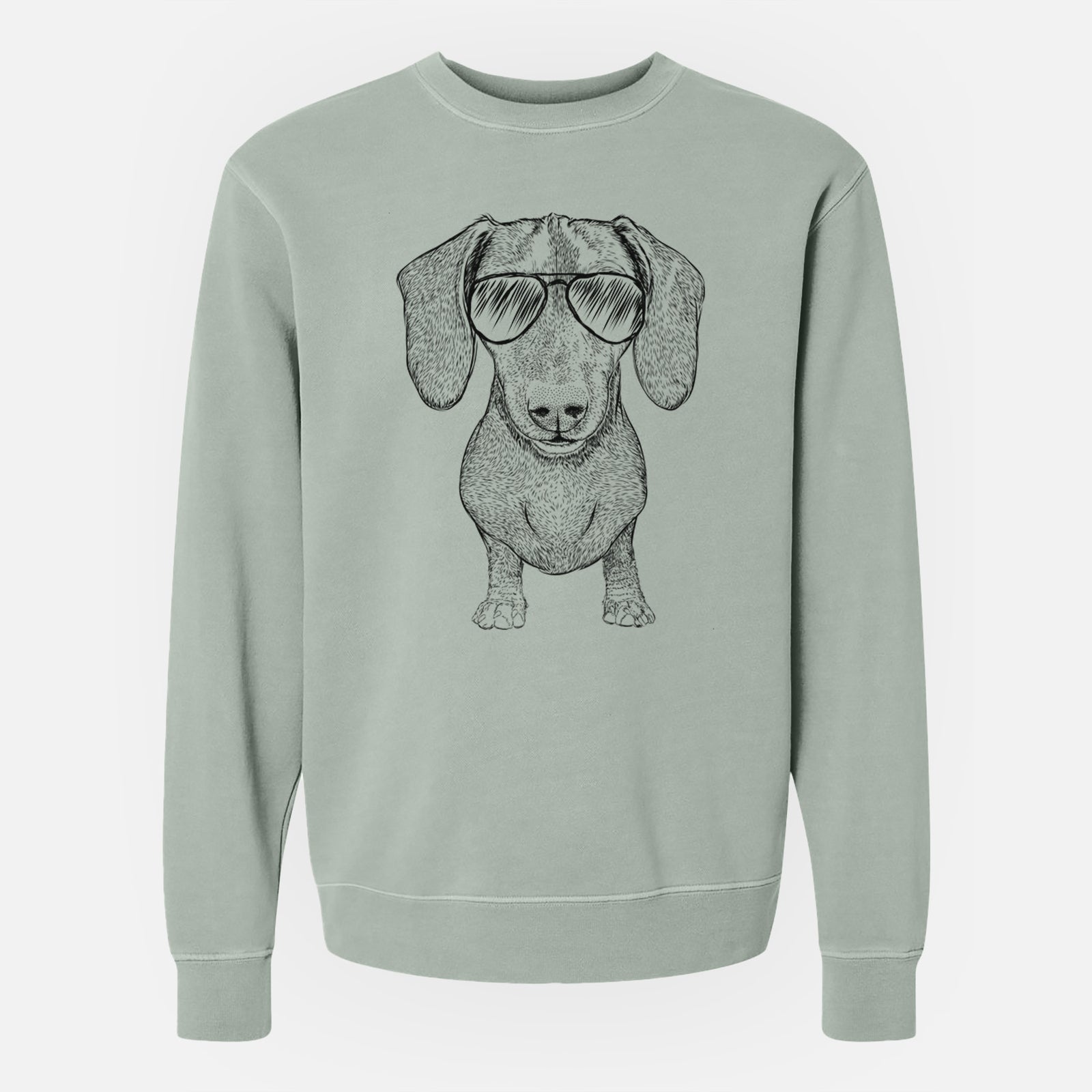 Hand-drawn sketch of Ernie the Mini Dachshund wearing aviator sunglasses on a Sage Unisex pigment dyed crew sweatshirt
