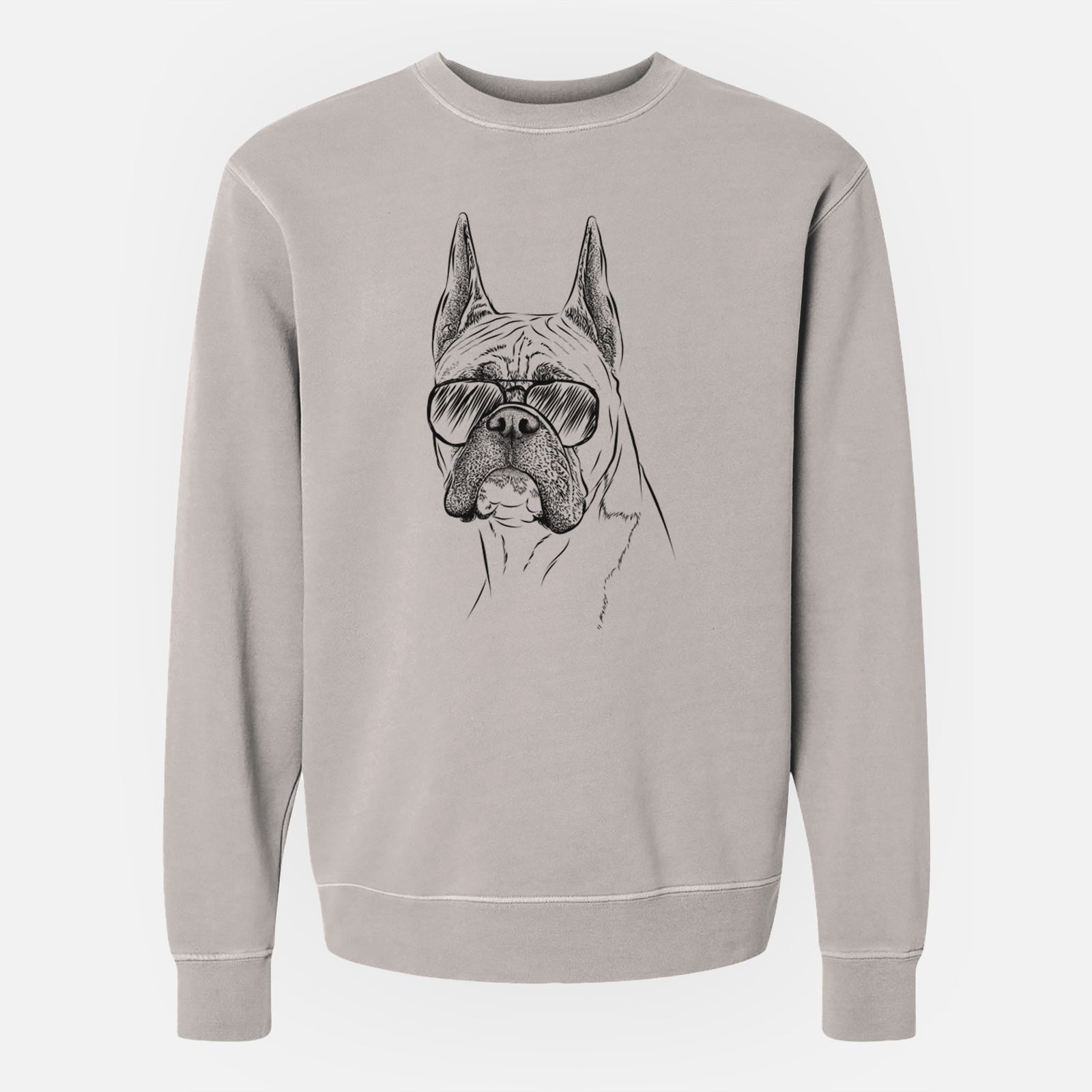 Hand-drawn sketch of Ezra the Boxer wearing aviator sunglasses on a Cement Unisex pigment dyed crew sweatshirt