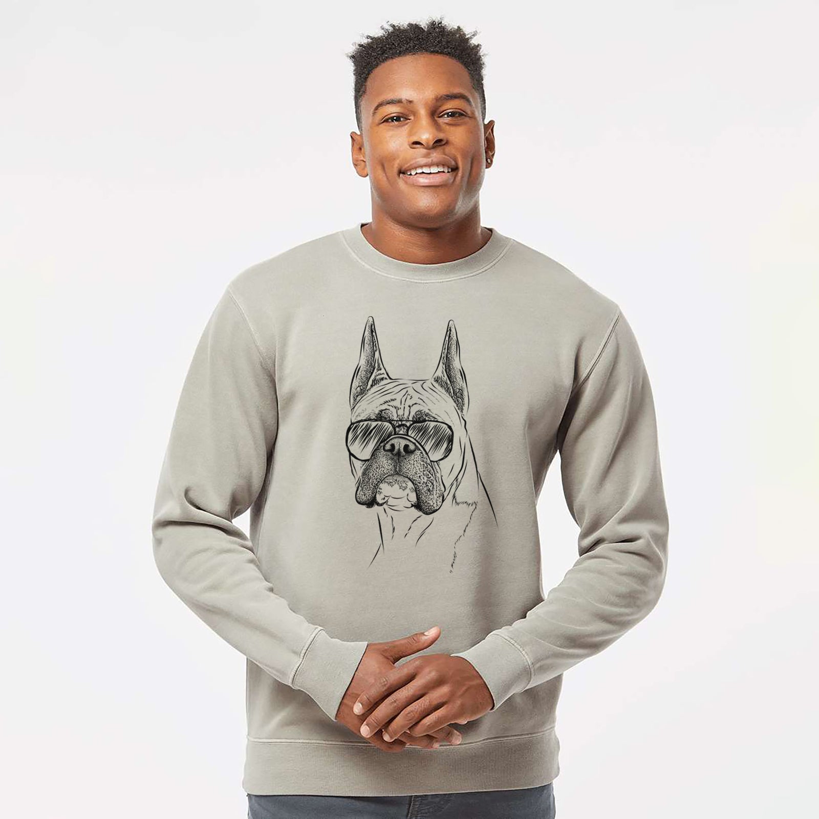 Hand-drawn sketch of Ezra the Boxer wearing aviator sunglasses on a Cement Unisex pigment dyed crew sweatshirt
