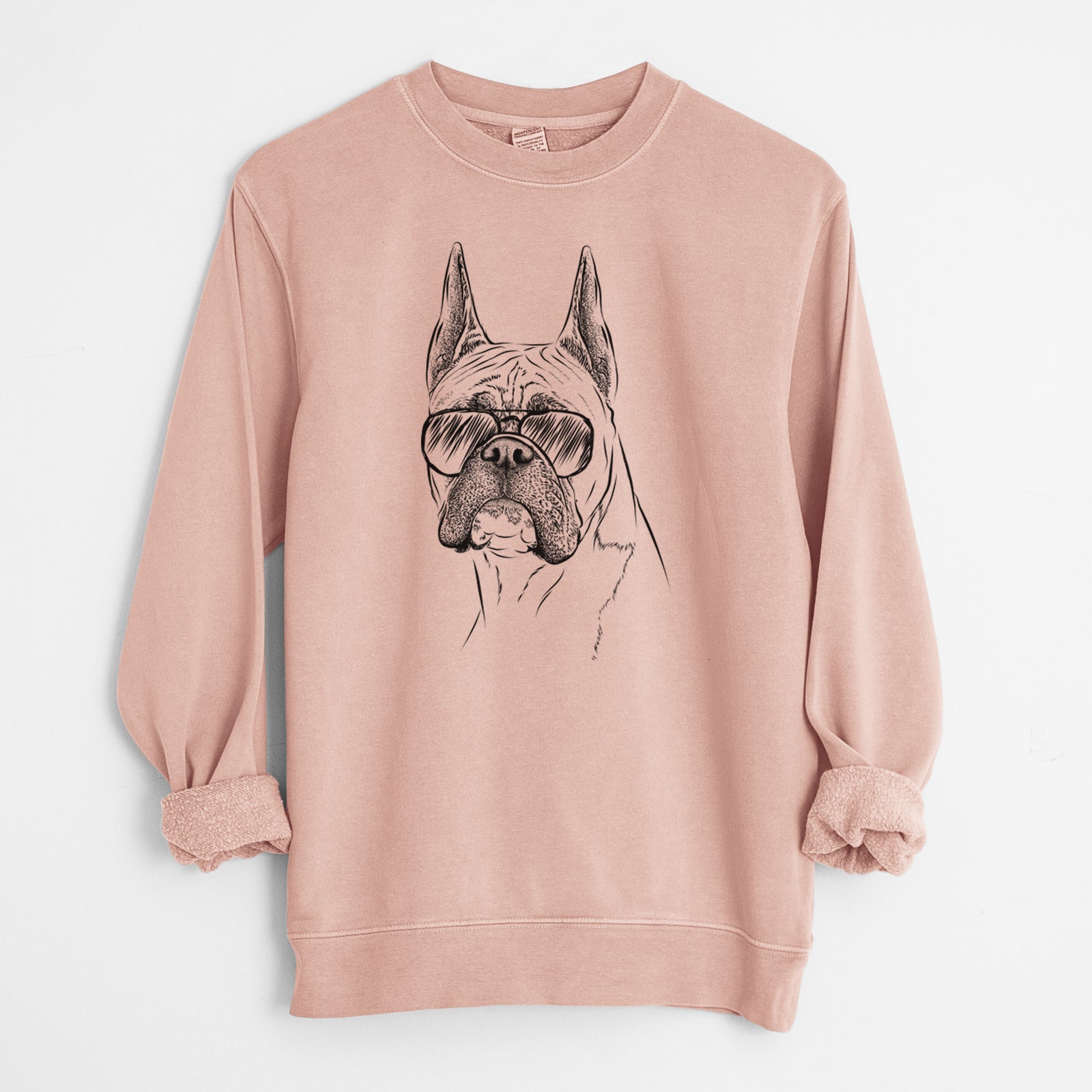 Hand-drawn sketch of Ezra the Boxer wearing aviator sunglasses on a Dusty Pink Unisex pigment dyed crew sweatshirt