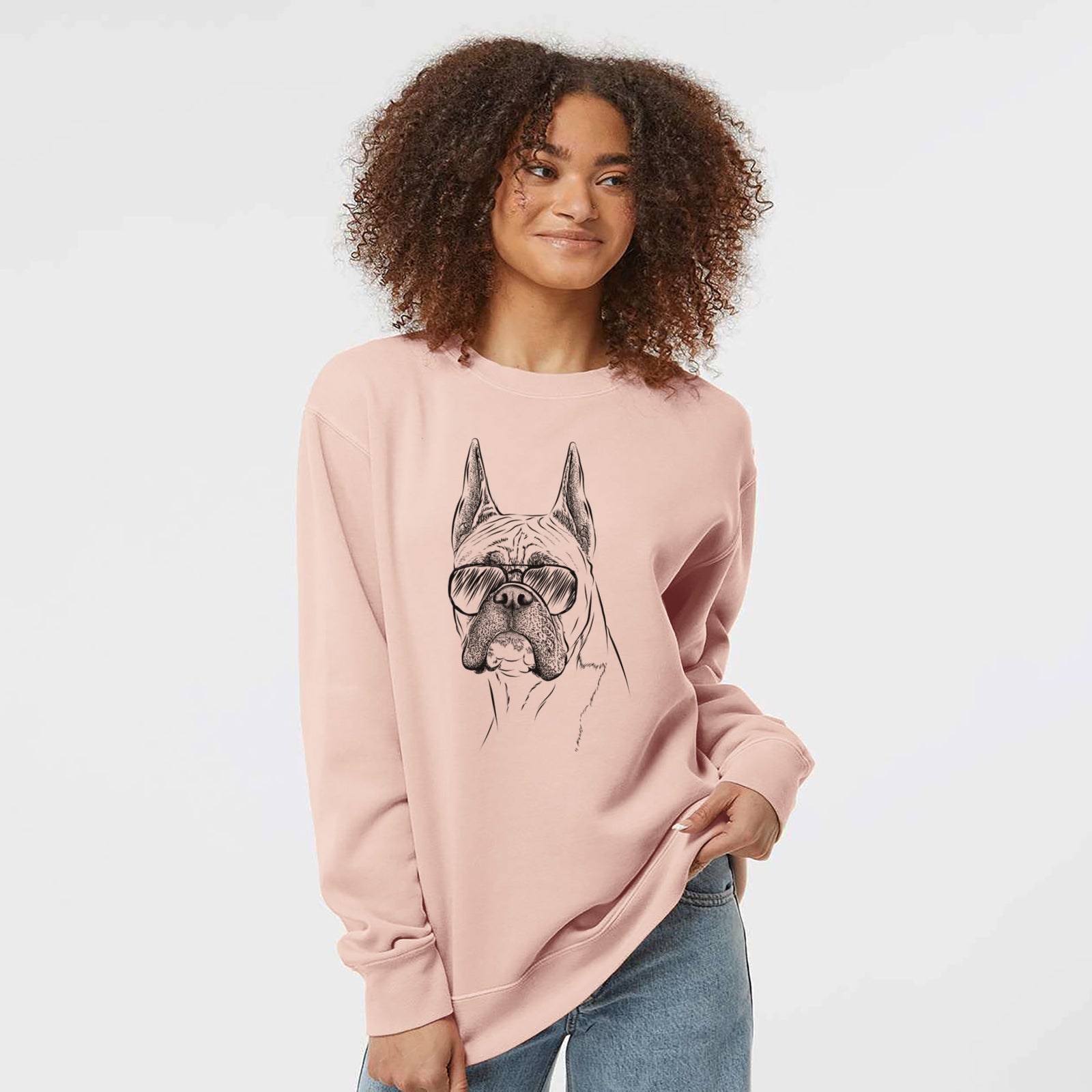 Hand-drawn sketch of Ezra the Boxer wearing aviator sunglasses on a Dusty Pink Unisex pigment dyed crew sweatshirt