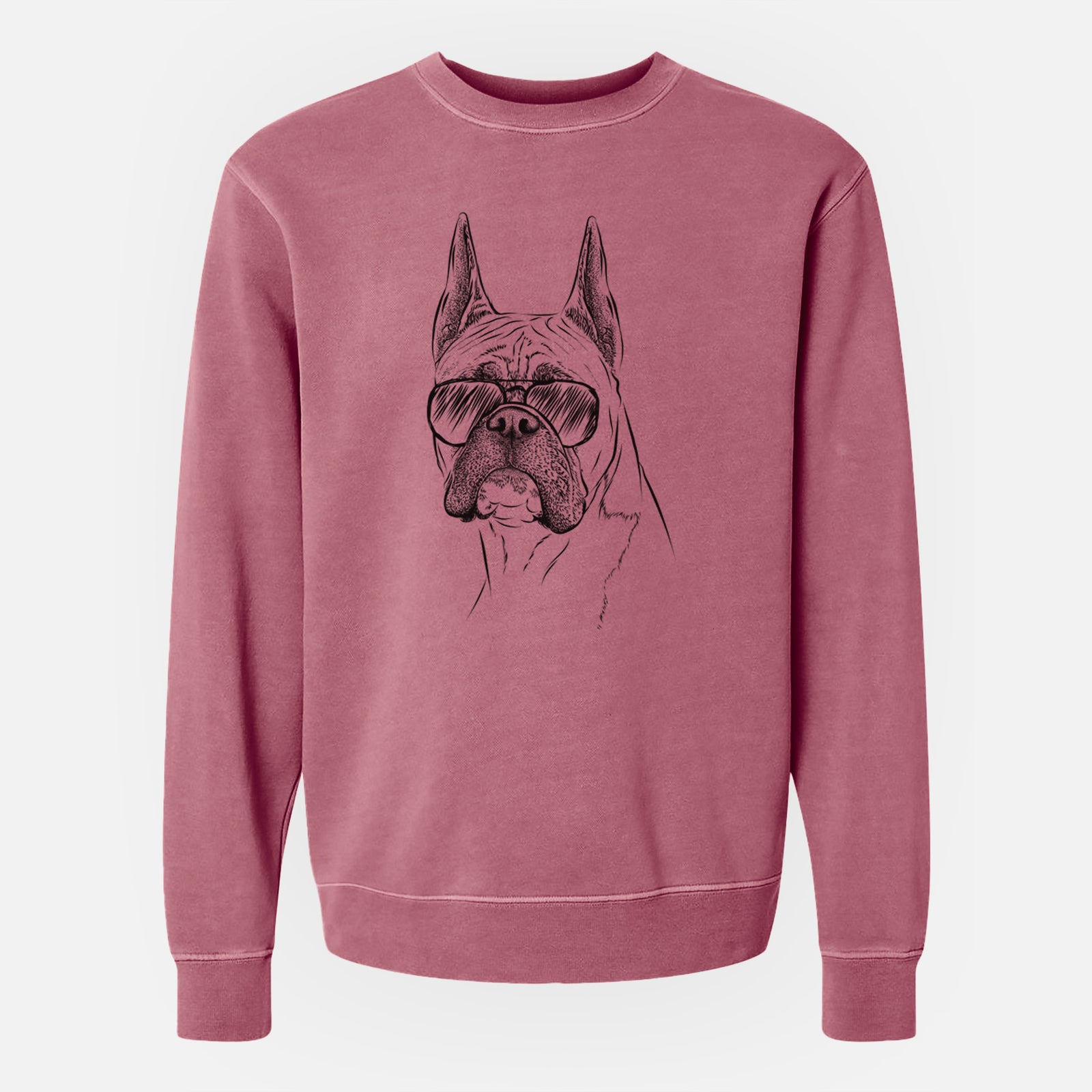 Hand-drawn sketch of Ezra the Boxer wearing aviator sunglasses on a Maroon Unisex pigment dyed crew sweatshirt