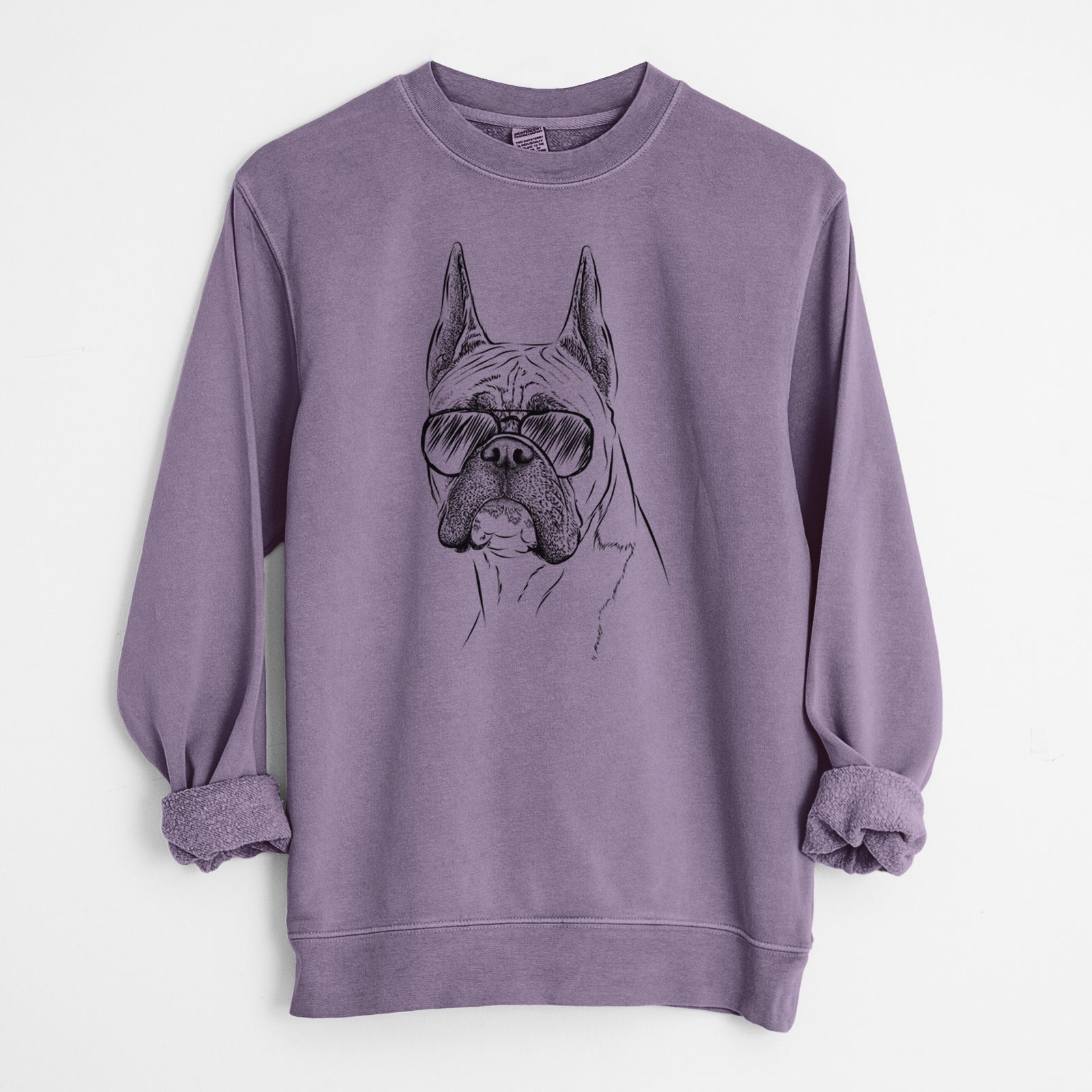Hand-drawn sketch of Ezra the Boxer wearing aviator sunglasses on a Plum Unisex pigment dyed crew sweatshirt