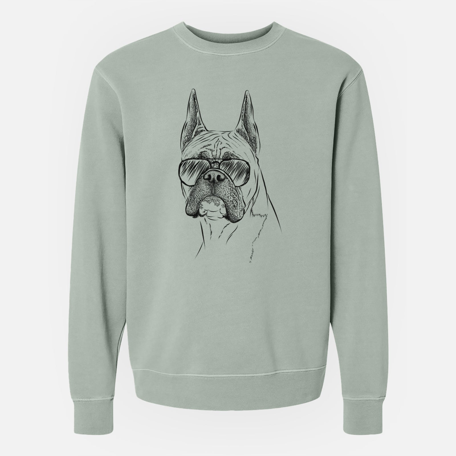 Hand-drawn sketch of Ezra the Boxer wearing aviator sunglasses on a Sage Unisex pigment dyed crew sweatshirt