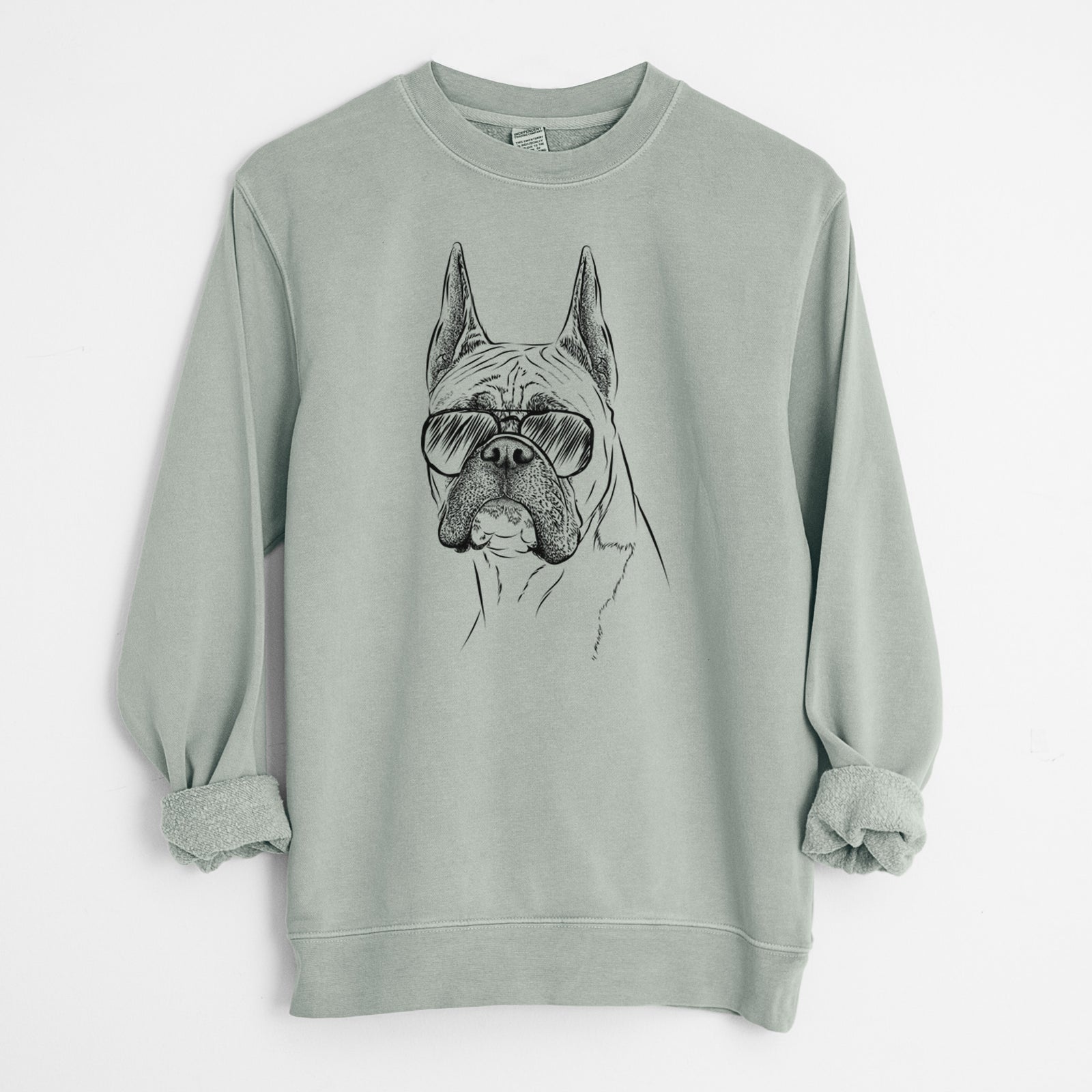 Hand-drawn sketch of Ezra the Boxer wearing aviator sunglasses on a Sage Unisex pigment dyed crew sweatshirt