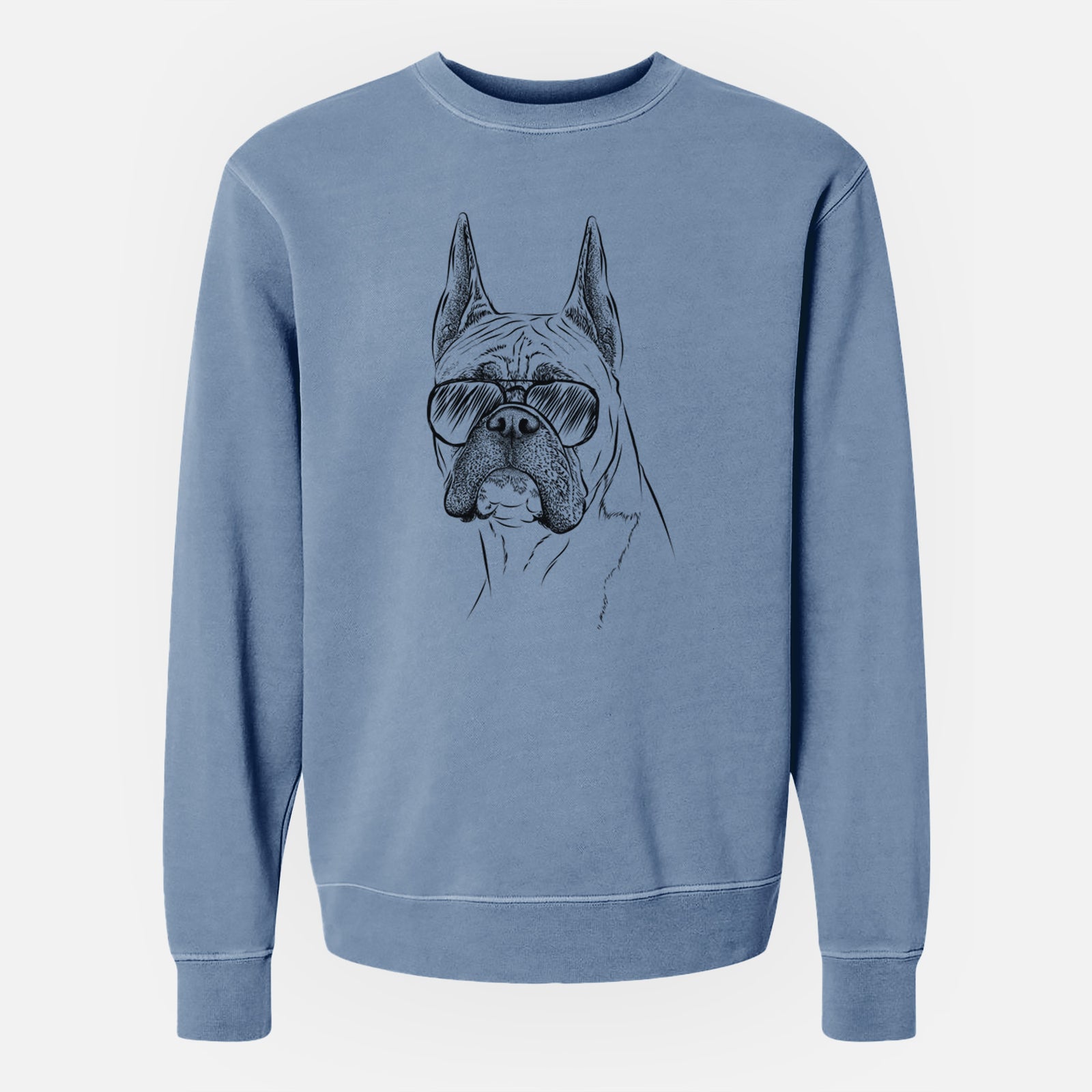 Hand-drawn sketch of Ezra the Boxer wearing aviator sunglasses on a Slate Blue Unisex pigment dyed crew sweatshirt