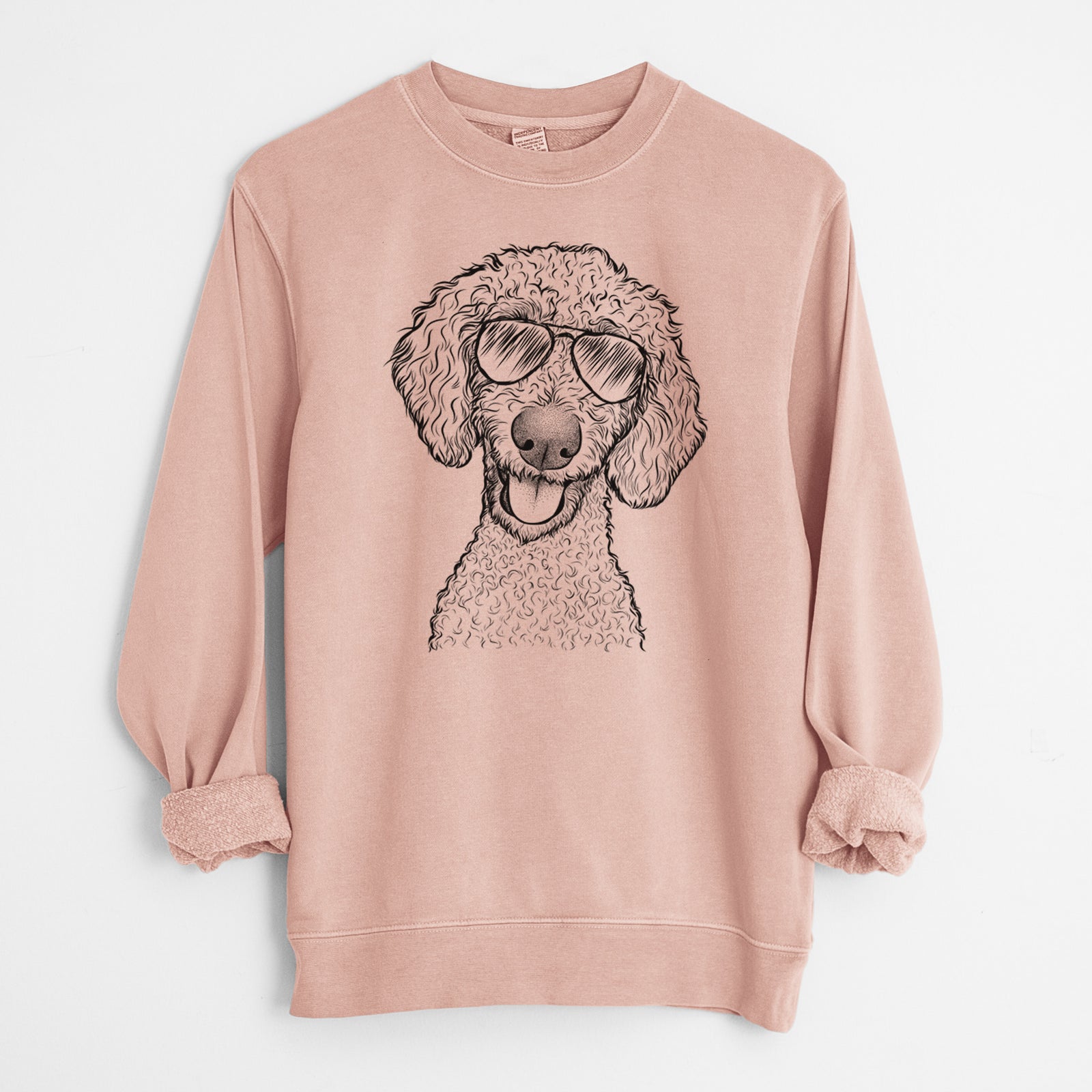 Hand-drawn sketch of Fenway the Goldendoodle wearing aviator sunglasses on a Dusty Pink Unisex pigment dyed crew sweatshirt