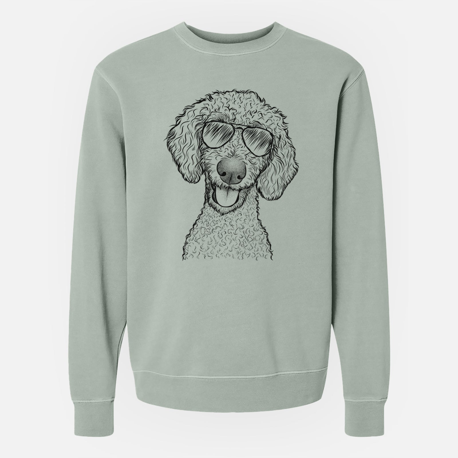 Hand-drawn sketch of Fenway the Goldendoodle wearing aviator sunglasses on a Sage Unisex pigment dyed crew sweatshirt
