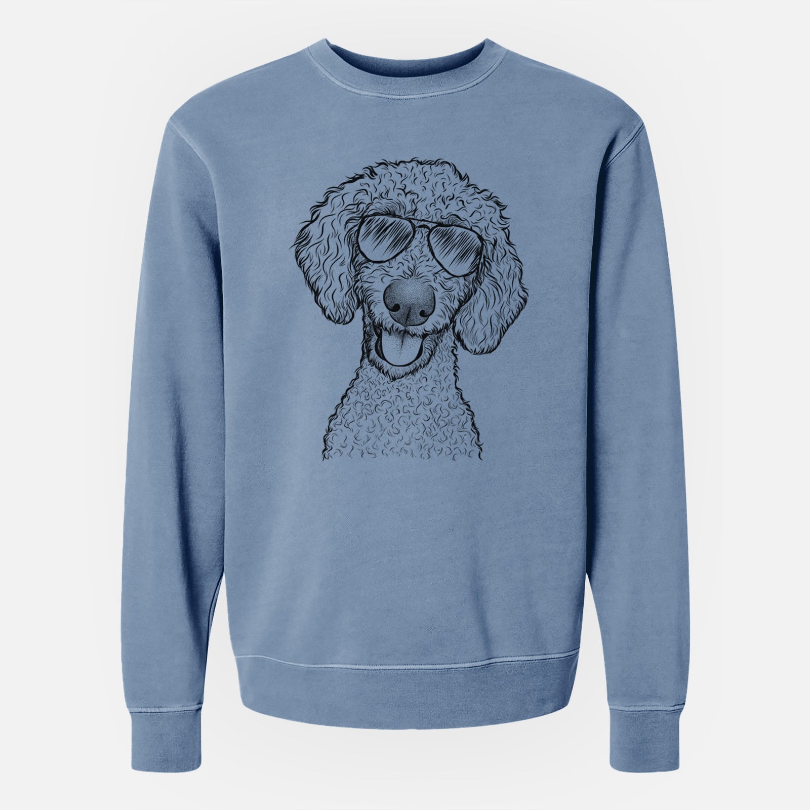 Hand-drawn sketch of Fenway the Goldendoodle wearing aviator sunglasses on a Slate Blue Unisex pigment dyed crew sweatshirt