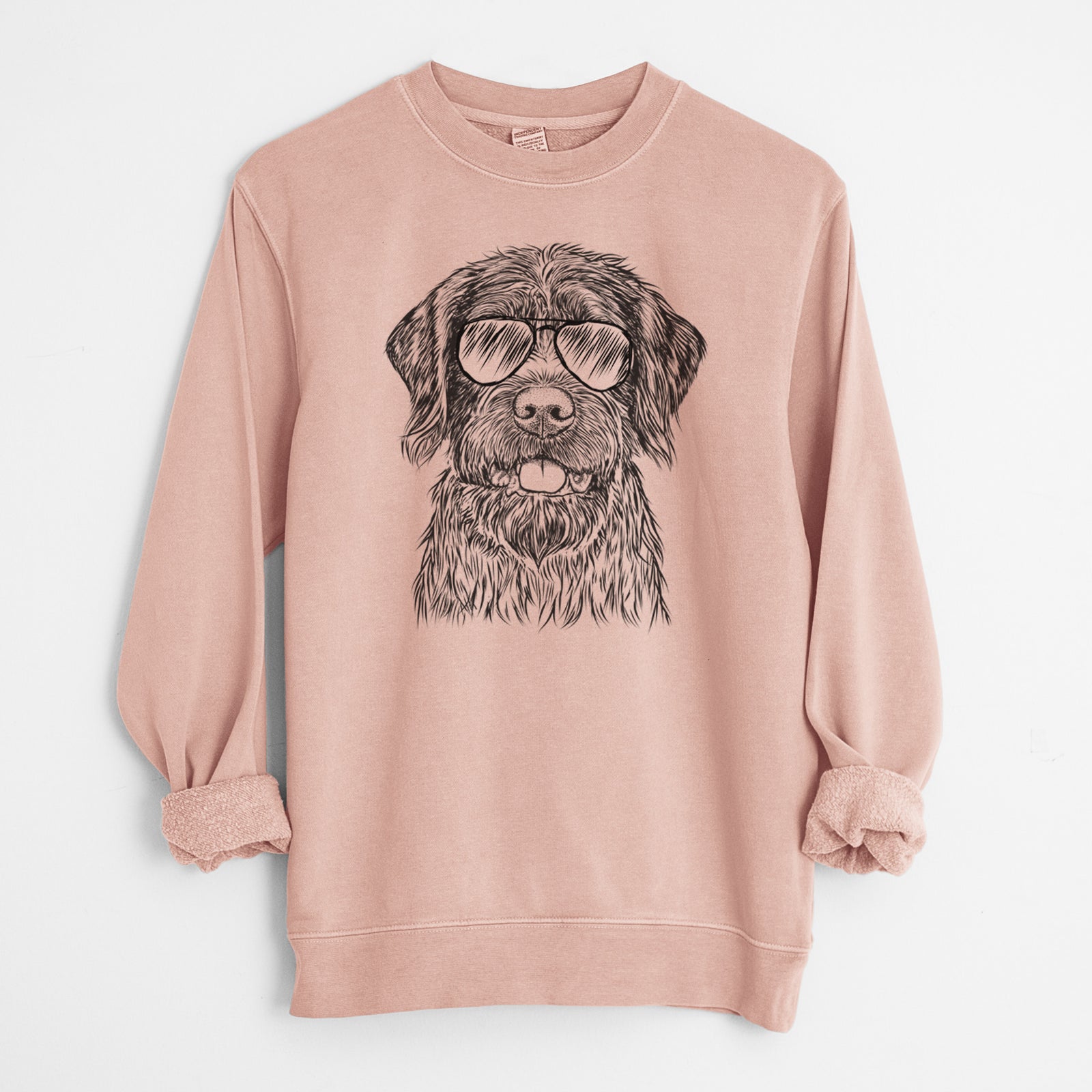 Hand-drawn sketch of Fletcher the Wirehaired Pointing Griffon wearing aviator sunglasses on a Dusty Pink Unisex pigment dyed crew sweatshirt