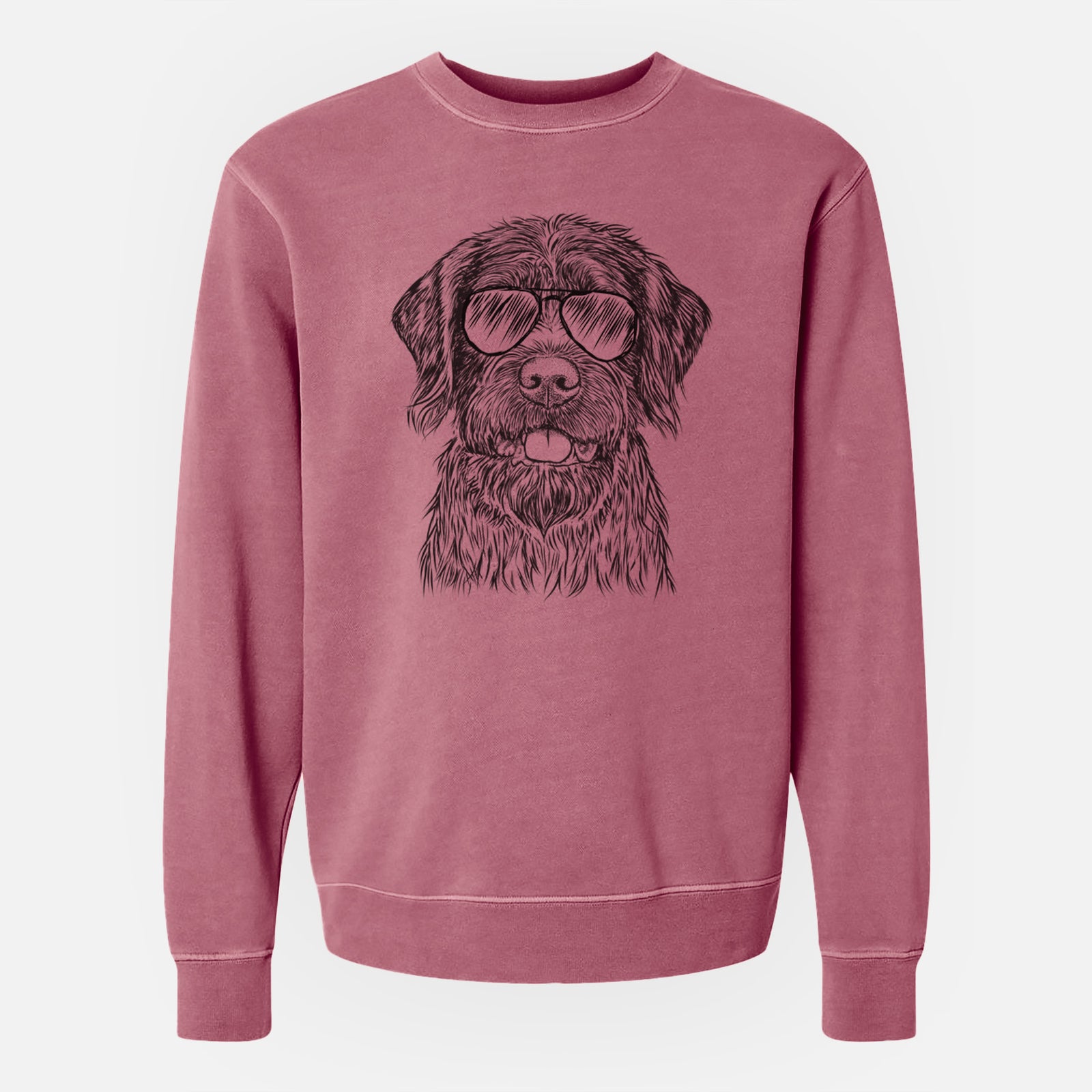 Hand-drawn sketch of Fletcher the Wirehaired Pointing Griffon wearing aviator sunglasses on a Maroon Unisex pigment dyed crew sweatshirt