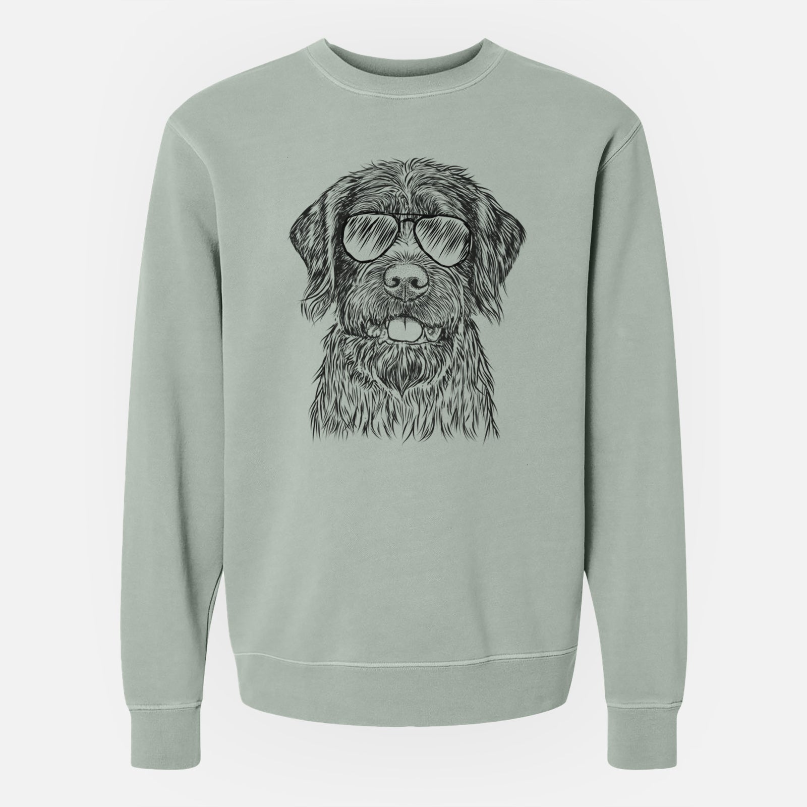 Hand-drawn sketch of Fletcher the Wirehaired Pointing Griffon wearing aviator sunglasses on a Sage Unisex pigment dyed crew sweatshirt
