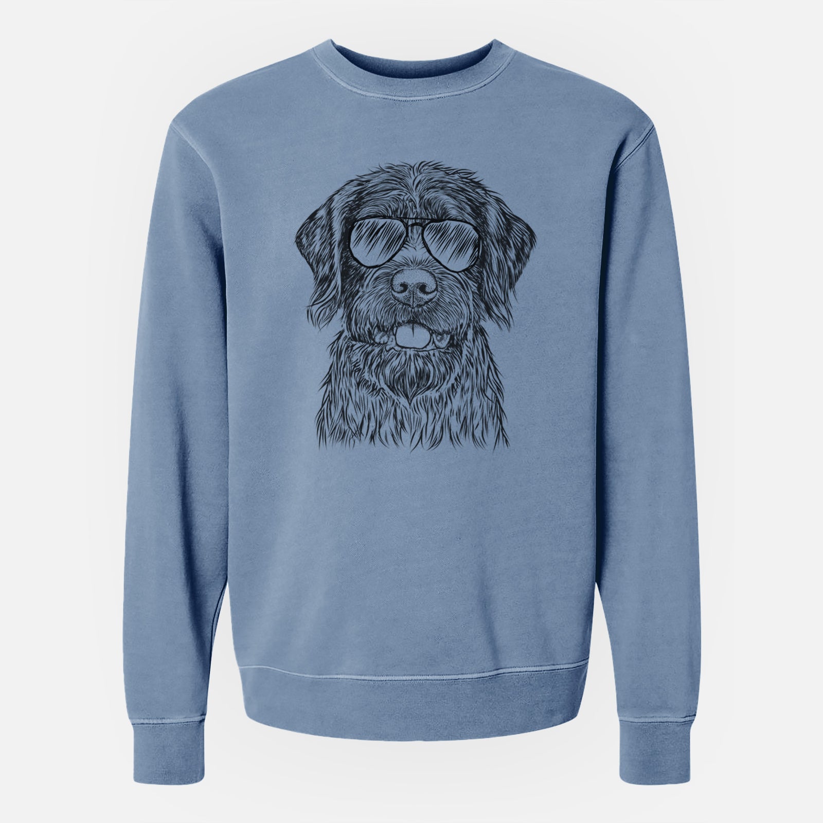 Hand-drawn sketch of Fletcher the Wirehaired Pointing Griffon wearing aviator sunglasses on a Slate Blue Unisex pigment dyed crew sweatshirt