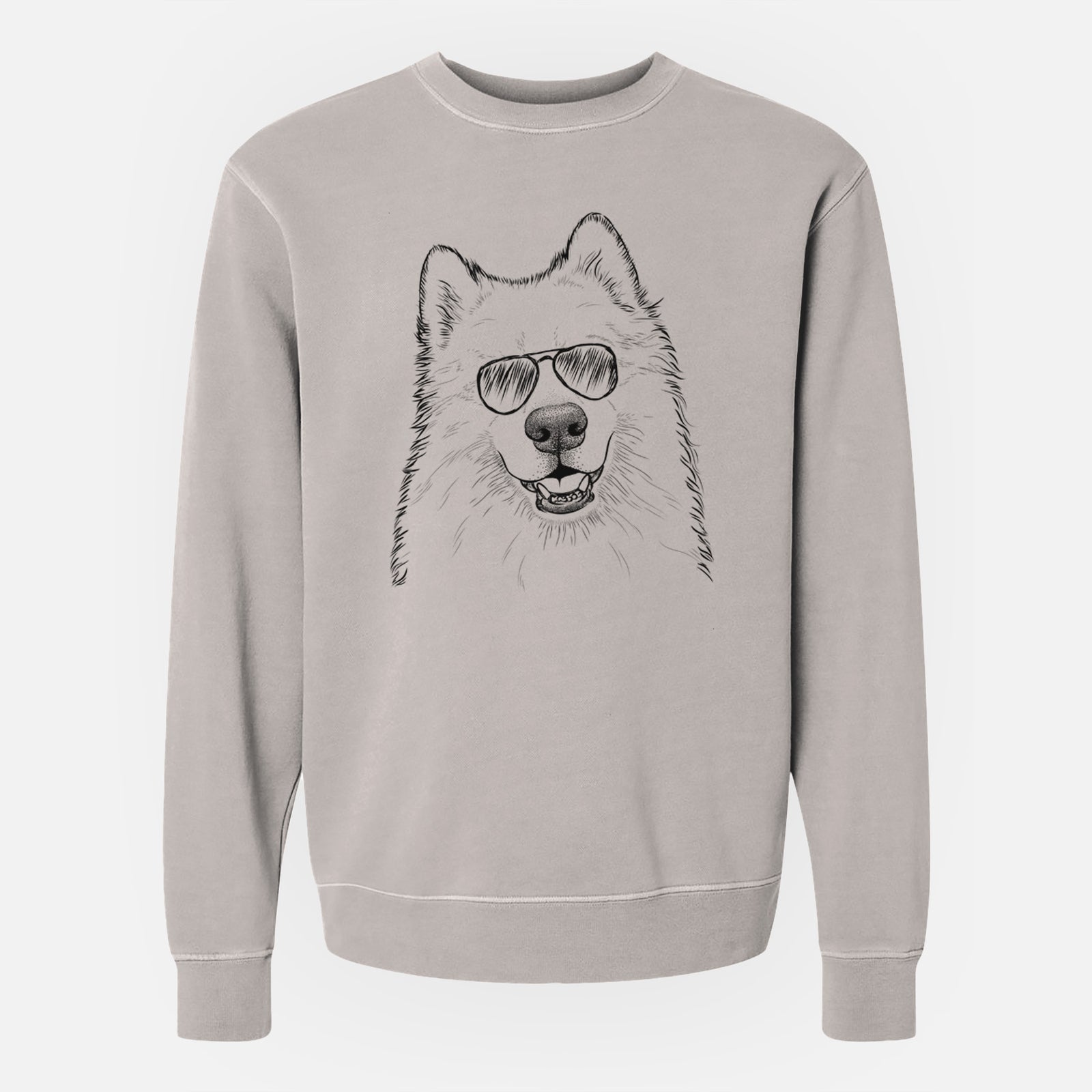 Hand-drawn sketch of Foster the Samoyed wearing aviator sunglasses on a Cement Unisex pigment dyed crew sweatshirt