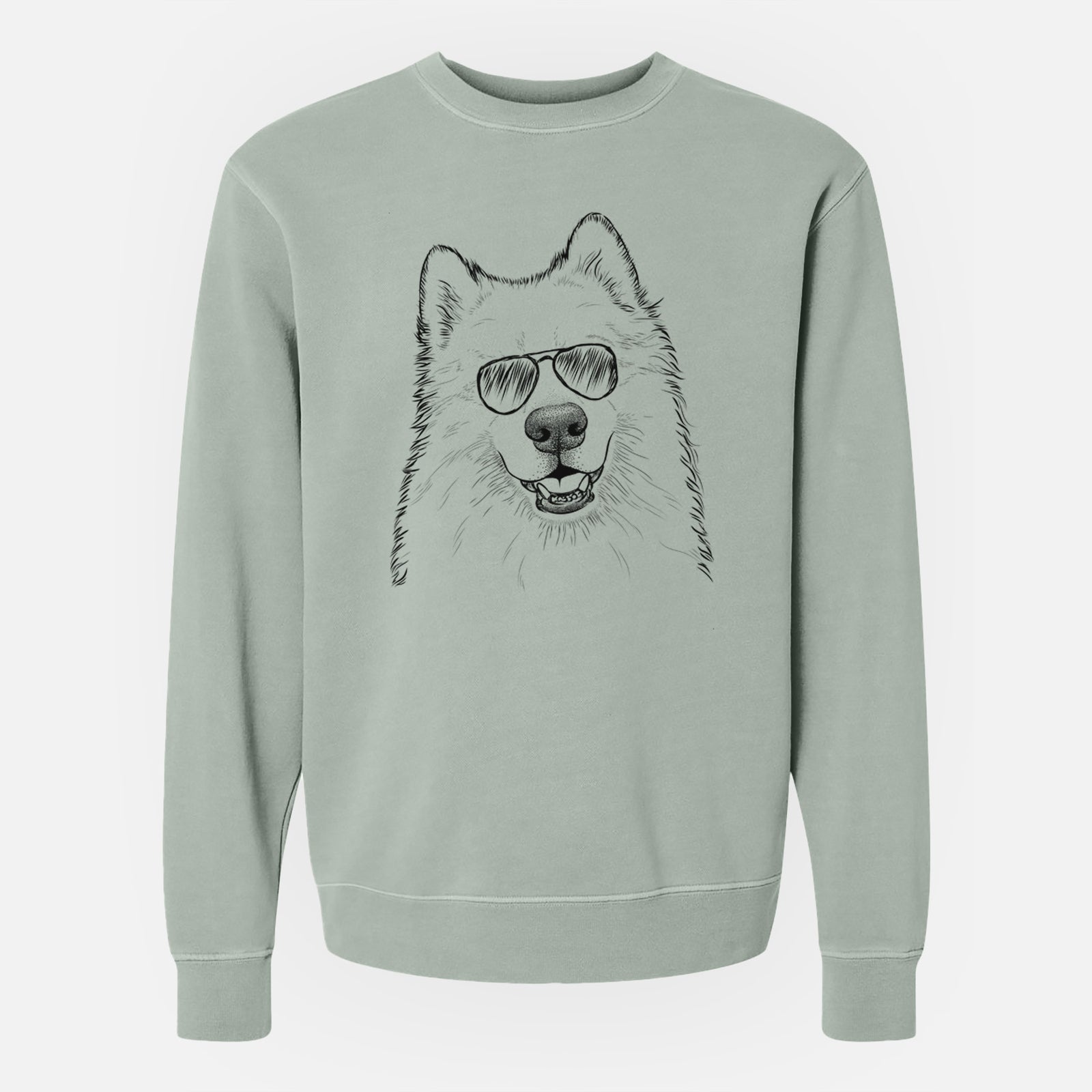 Hand-drawn sketch of Foster the Samoyed wearing aviator sunglasses on a Sage Unisex pigment dyed crew sweatshirt