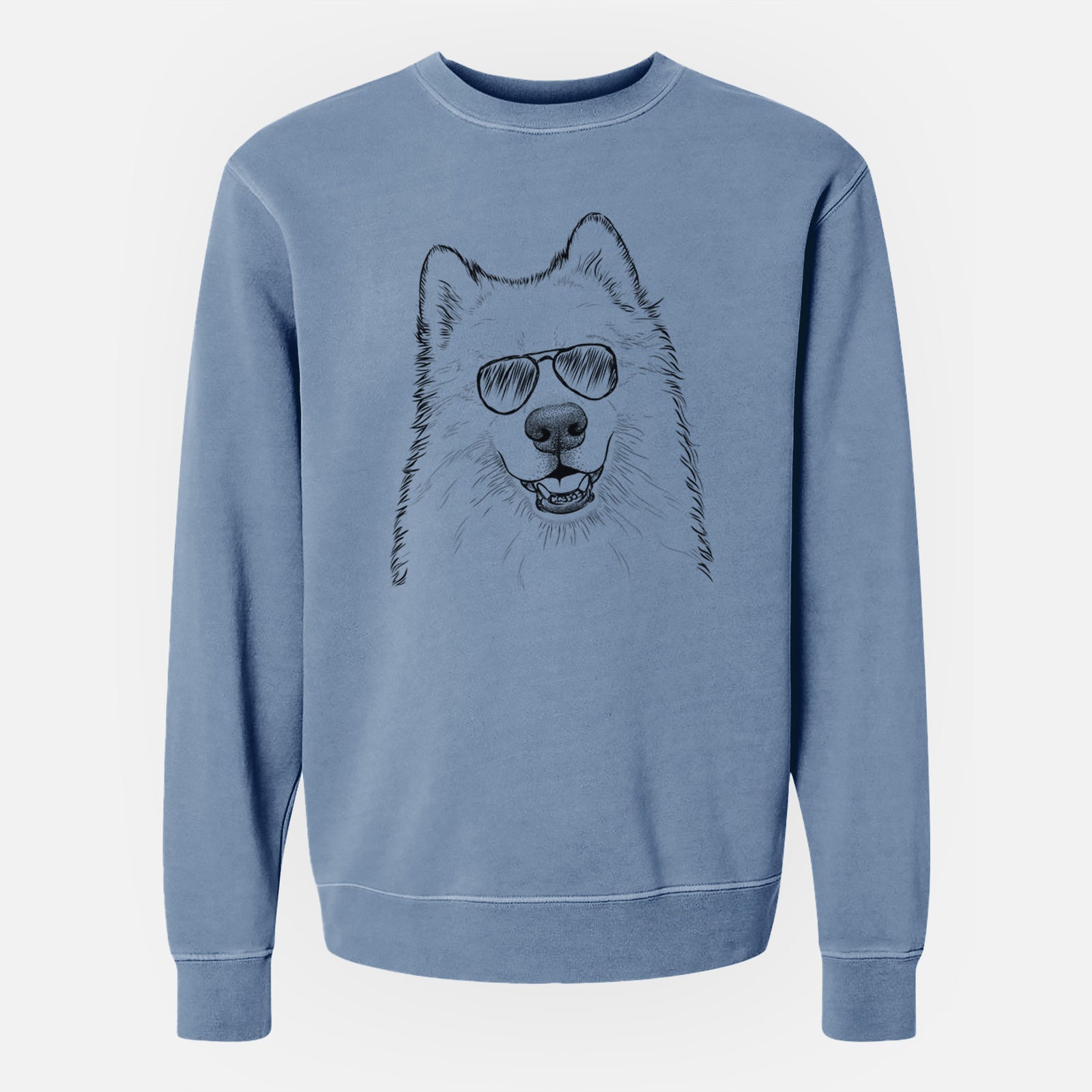 Hand-drawn sketch of Foster the Samoyed wearing aviator sunglasses on a Slate Blue Unisex pigment dyed crew sweatshirt