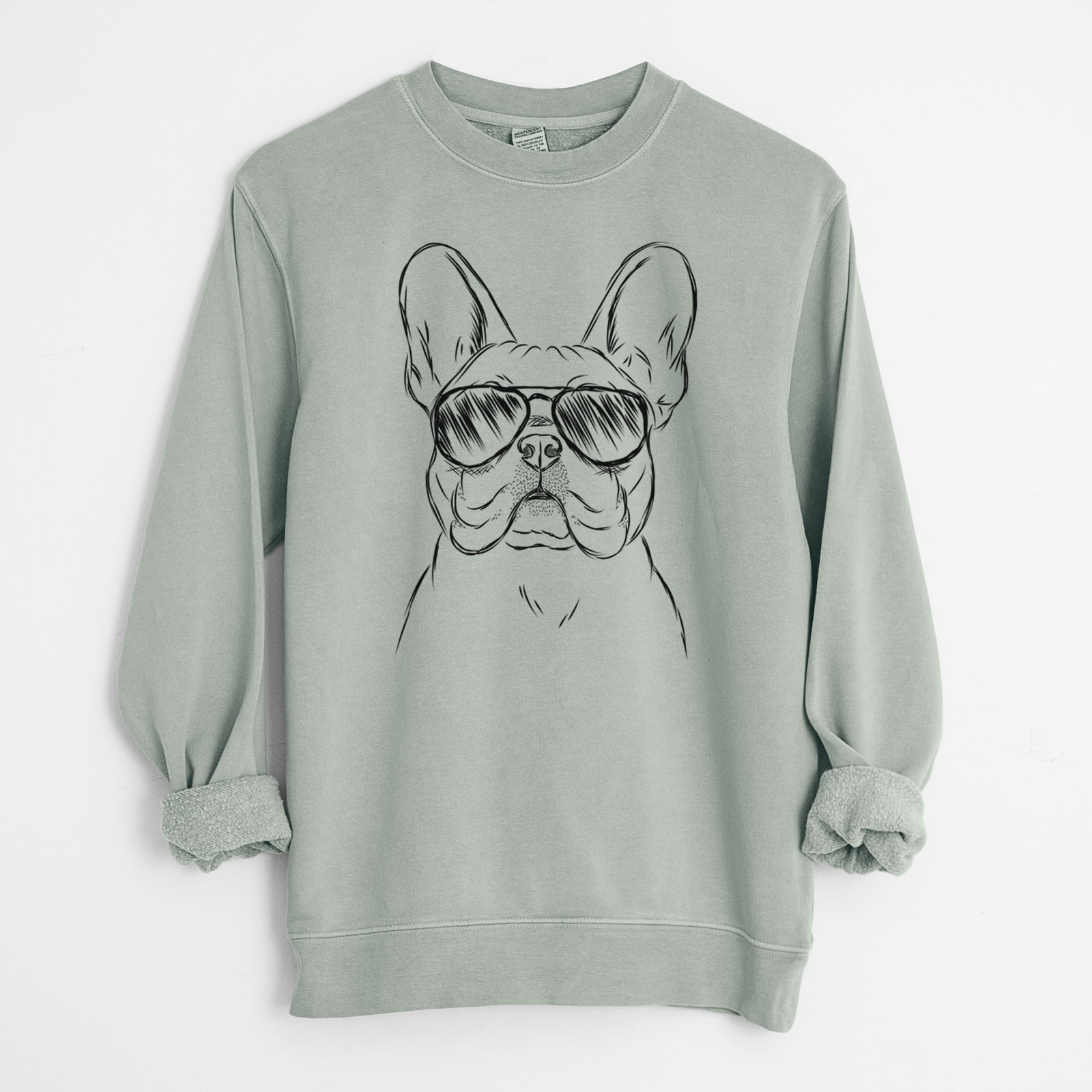 Hand-drawn sketch of Franco the French Bulldog wearing aviator sunglasses on a Sage Unisex pigment dyed crew sweatshirt