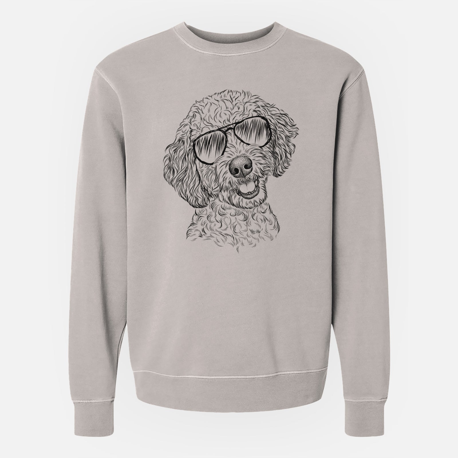 Hand-drawn sketch of Gizmo the Goldendoodle wearing aviator sunglasses on a Cement Unisex pigment dyed crew sweatshirt