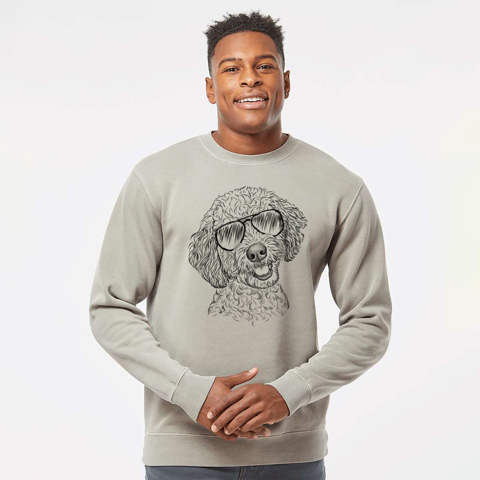 Hand-drawn sketch of Gizmo the Goldendoodle wearing aviator sunglasses on a Cement Unisex pigment dyed crew sweatshirt