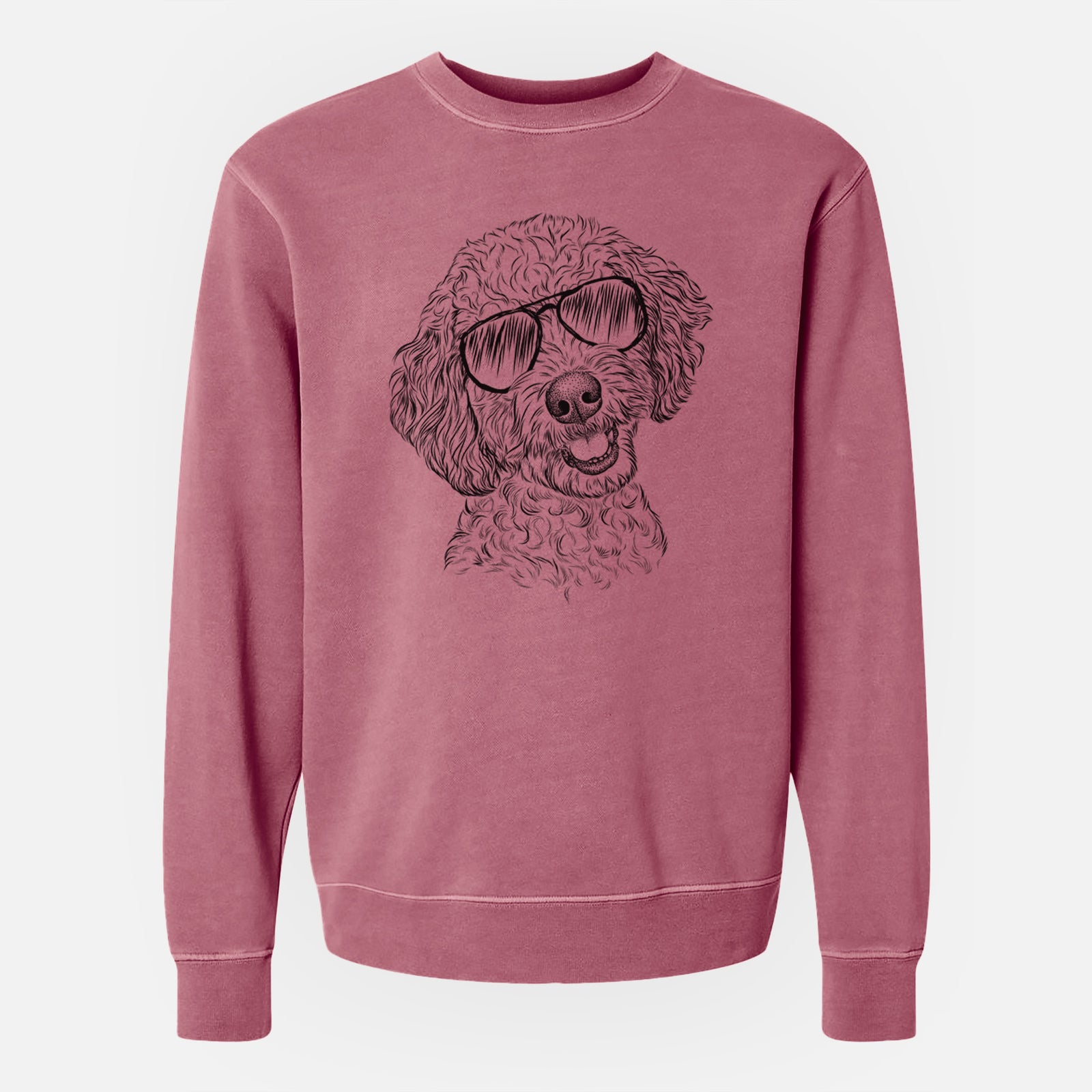 Hand-drawn sketch of Gizmo the Goldendoodle wearing aviator sunglasses on a Maroon Unisex pigment dyed crew sweatshirt