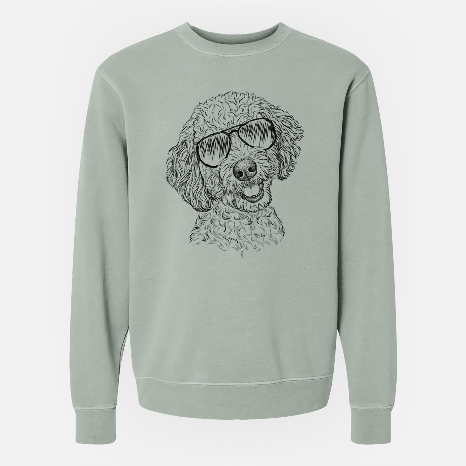 Hand-drawn sketch of Gizmo the Goldendoodle wearing aviator sunglasses on a Sage Unisex pigment dyed crew sweatshirt