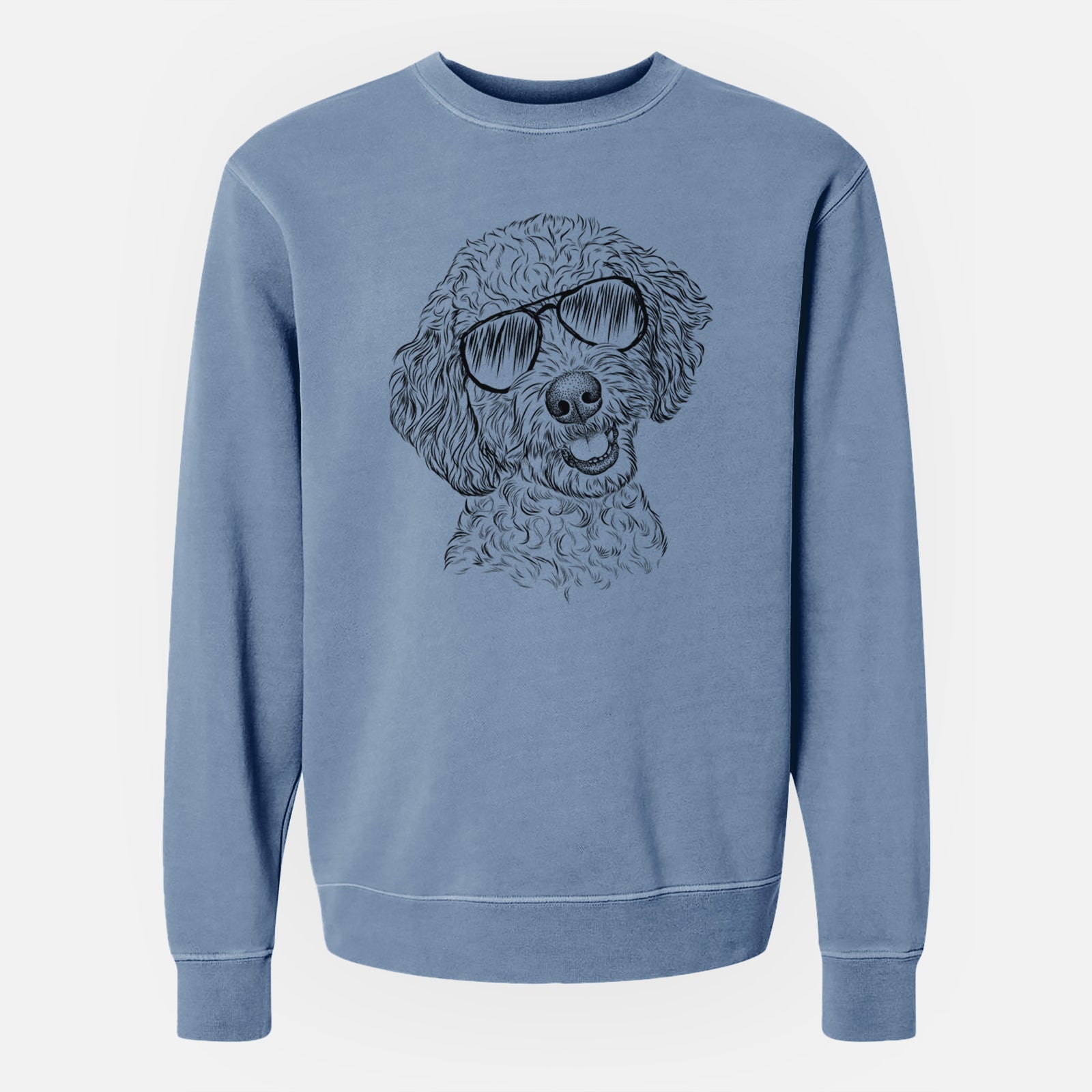 Hand-drawn sketch of Gizmo the Goldendoodle wearing aviator sunglasses on a Slate Blue Unisex pigment dyed crew sweatshirt