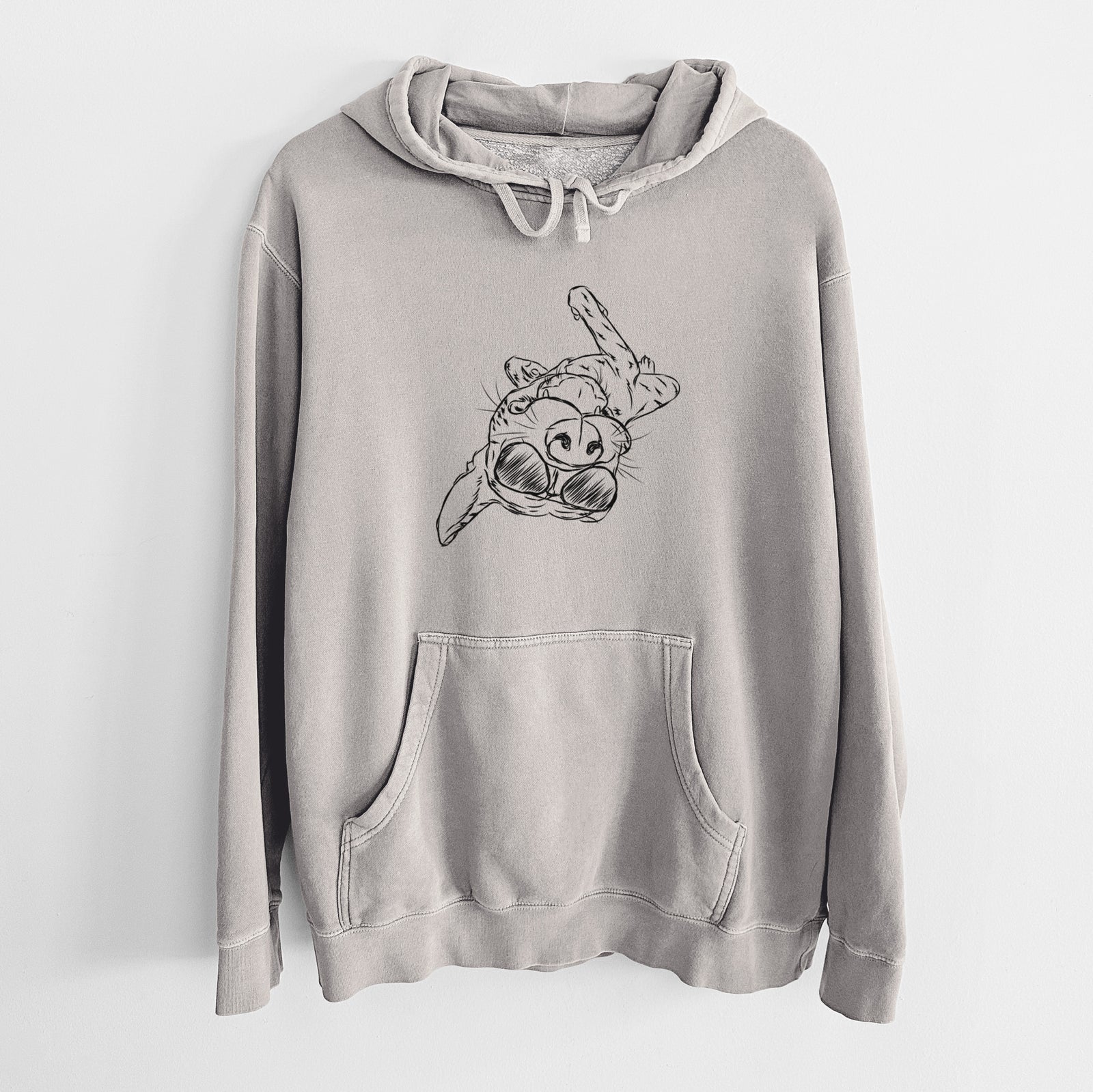 Hand-drawn sketch of Goose the Mixed Breed wearing aviator sunglasses on a Cement Unisex pigment dyed hoodie