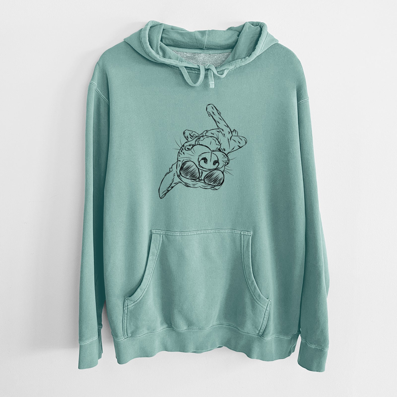 Hand-drawn sketch of Goose the Mixed Breed wearing aviator sunglasses on a Mint Unisex pigment dyed hoodie