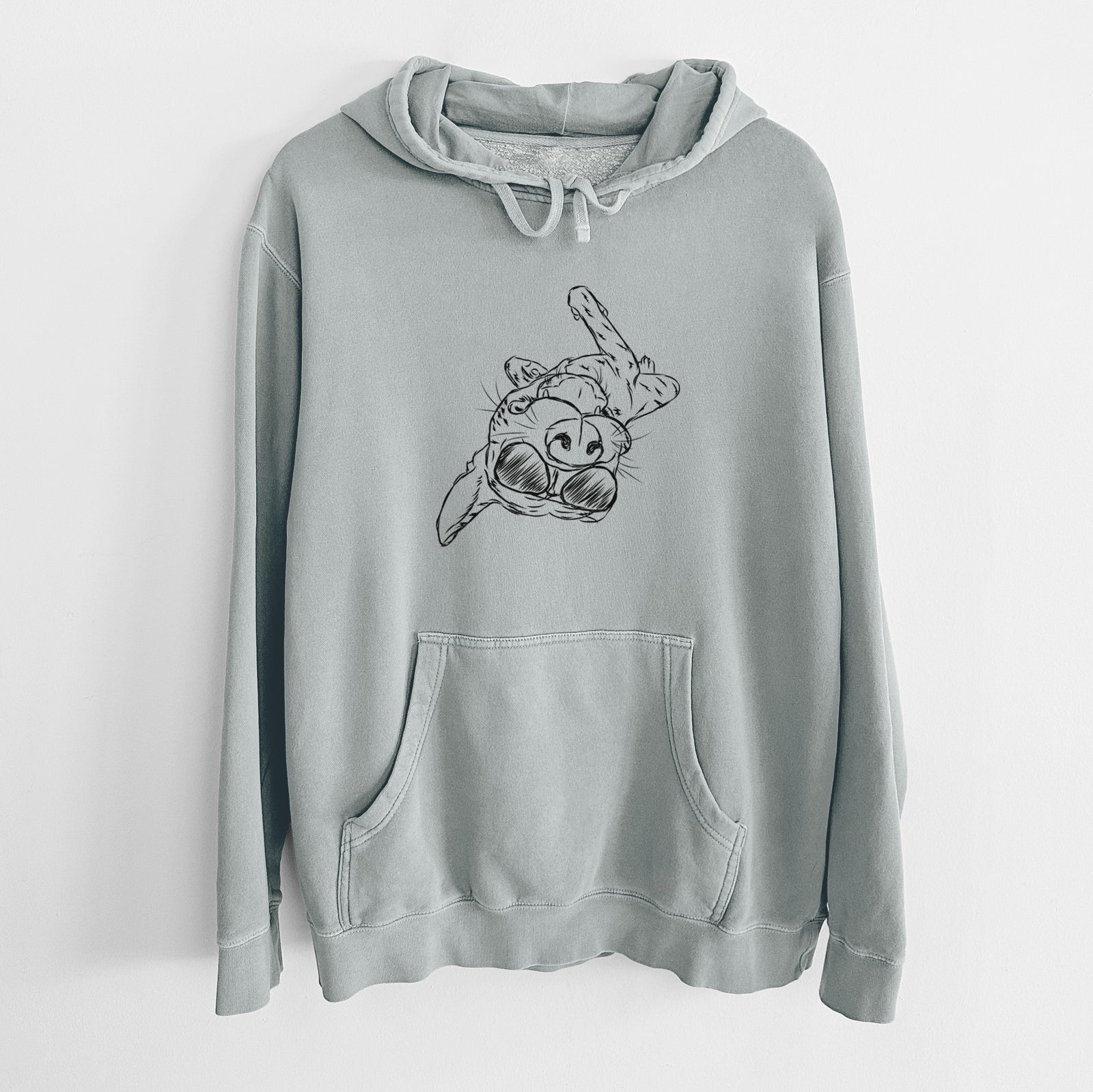 Hand-drawn sketch of Goose the Mixed Breed wearing aviator sunglasses on a Sage Unisex pigment dyed hoodie