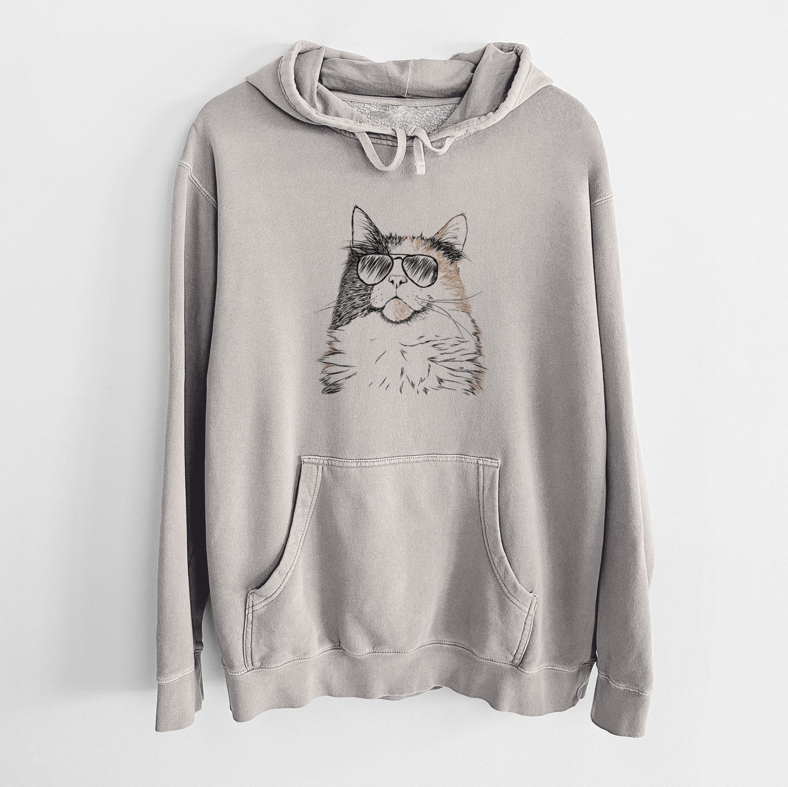 Hand-drawn sketch of Greta the Calico Cat wearing aviator sunglasses on a Cement Unisex pigment dyed hoodie