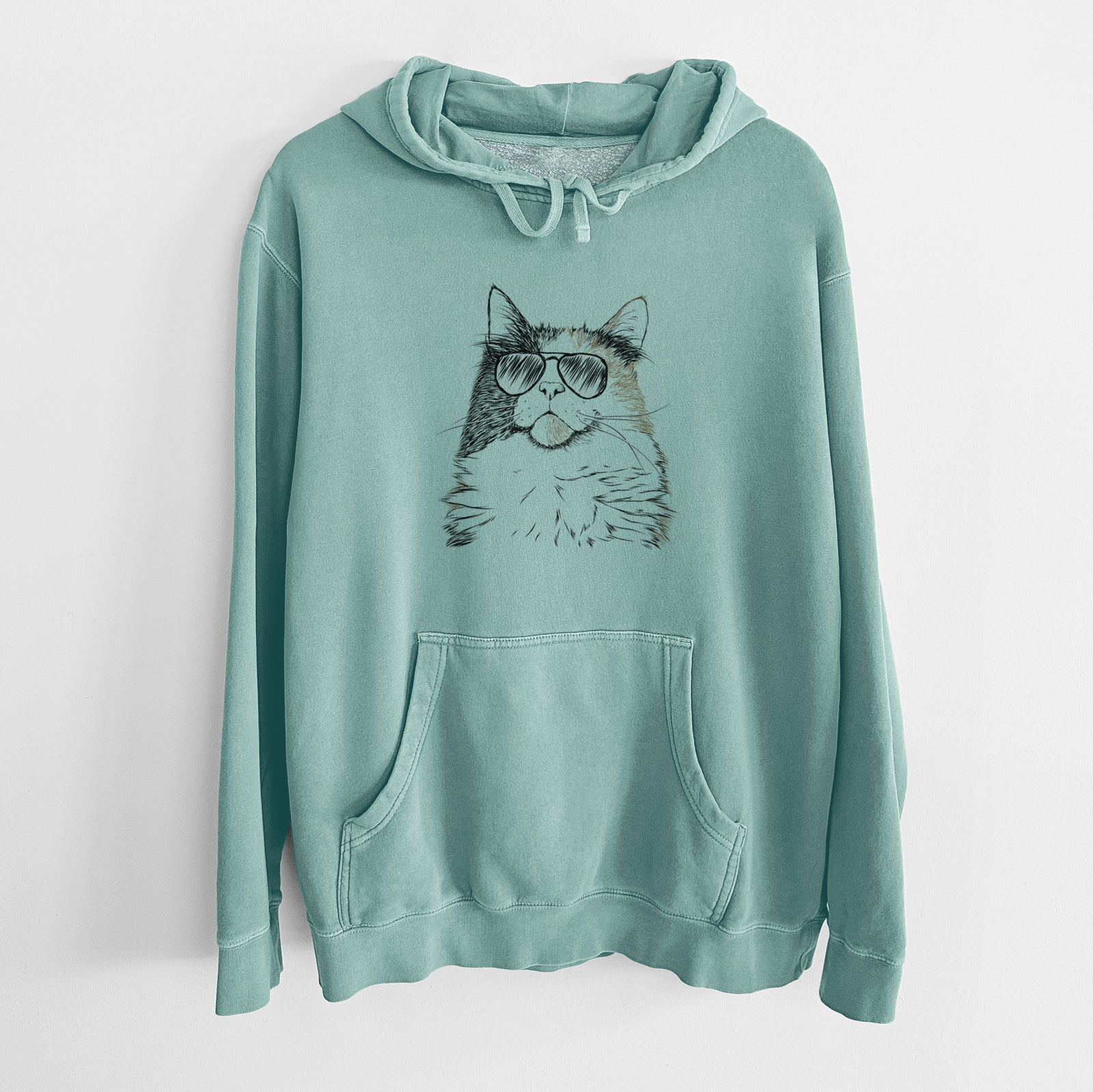 Hand-drawn sketch of Greta the Calico Cat wearing aviator sunglasses on a Mint Unisex pigment dyed hoodie