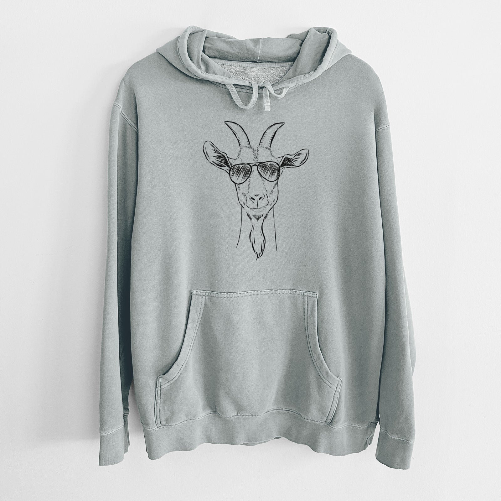Hand-drawn sketch of Gunnar the Goat wearing aviator sunglasses on a Sage Unisex pigment dyed hoodie