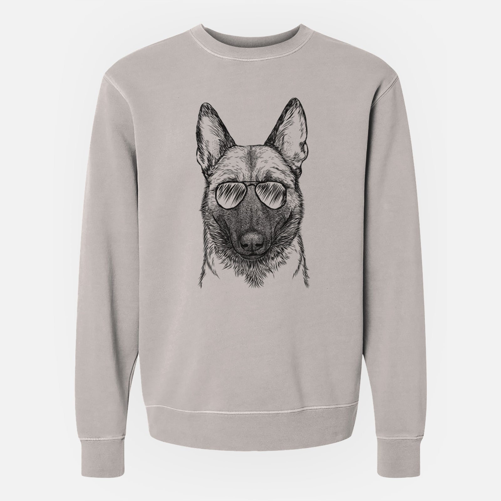 Hand-drawn sketch of Gunther the Belgian Malinois wearing aviator sunglasses on a Cement Unisex pigment dyed crew sweatshirt